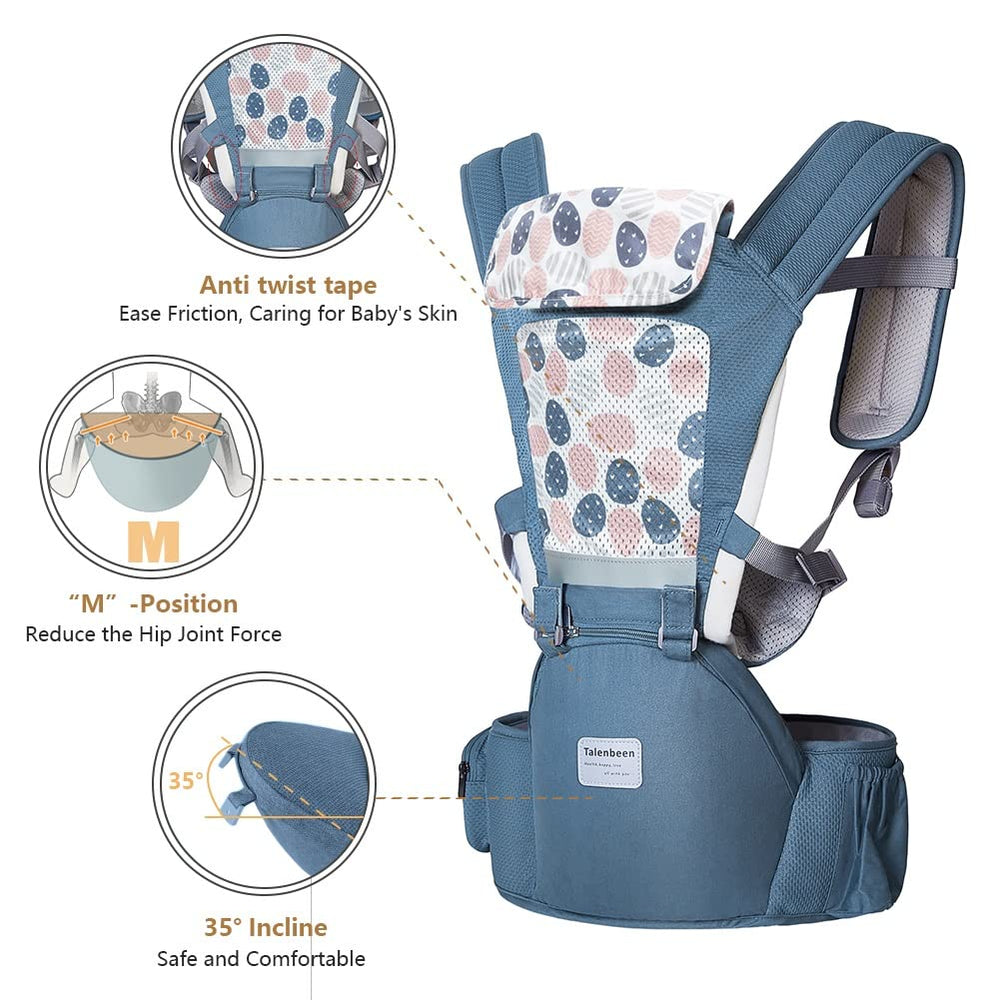 TALENBEEN ergonomic M-position supports baby's hips during various carry positions.
