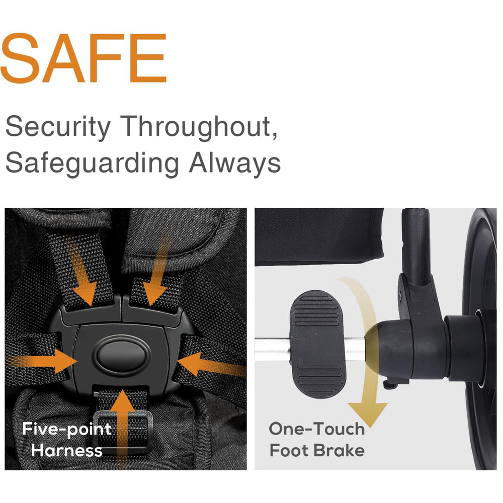 TALENBEEN 5-point harness and easy brakes support secure outings.