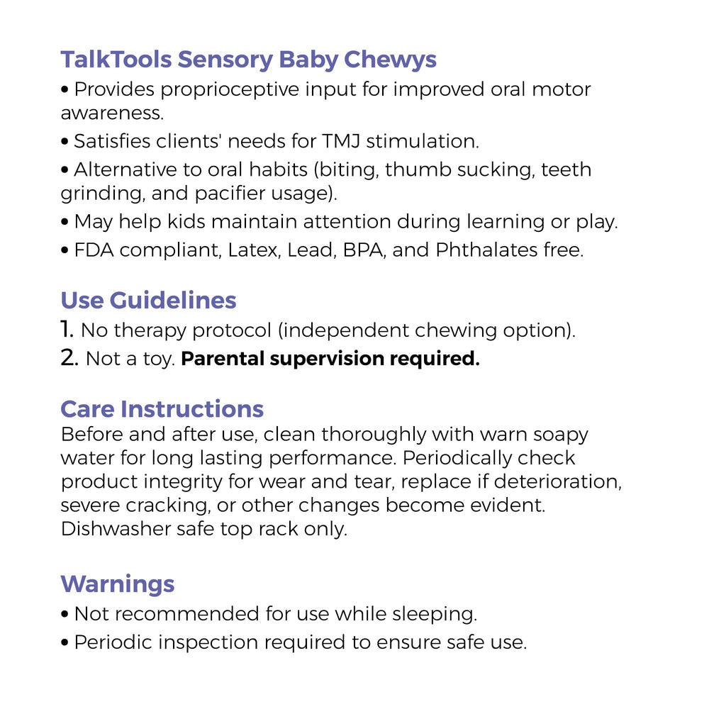 TalkTools Baby Chewy with supervision supports safe oral-seeking play under caregiver guidance