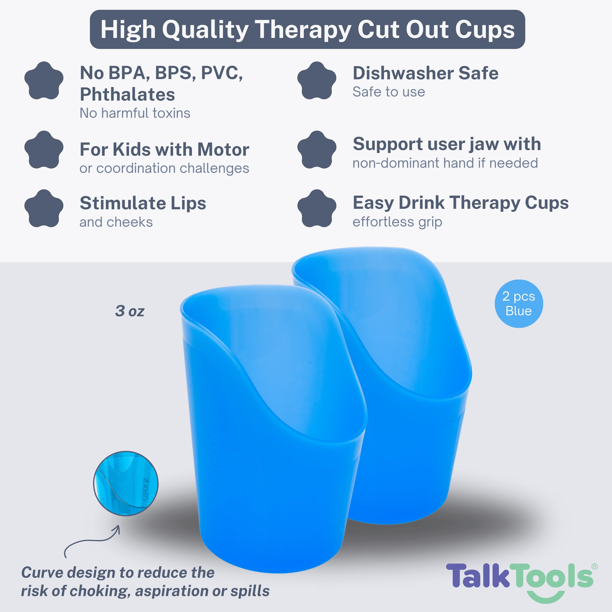 TalkTools Cut Out Cups 3 oz Blue shown front, sip window supports controlled drinking.