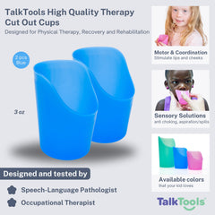 TalkTools Cut Out Cups Blue 3 oz side view highlights easy grip and stability.
