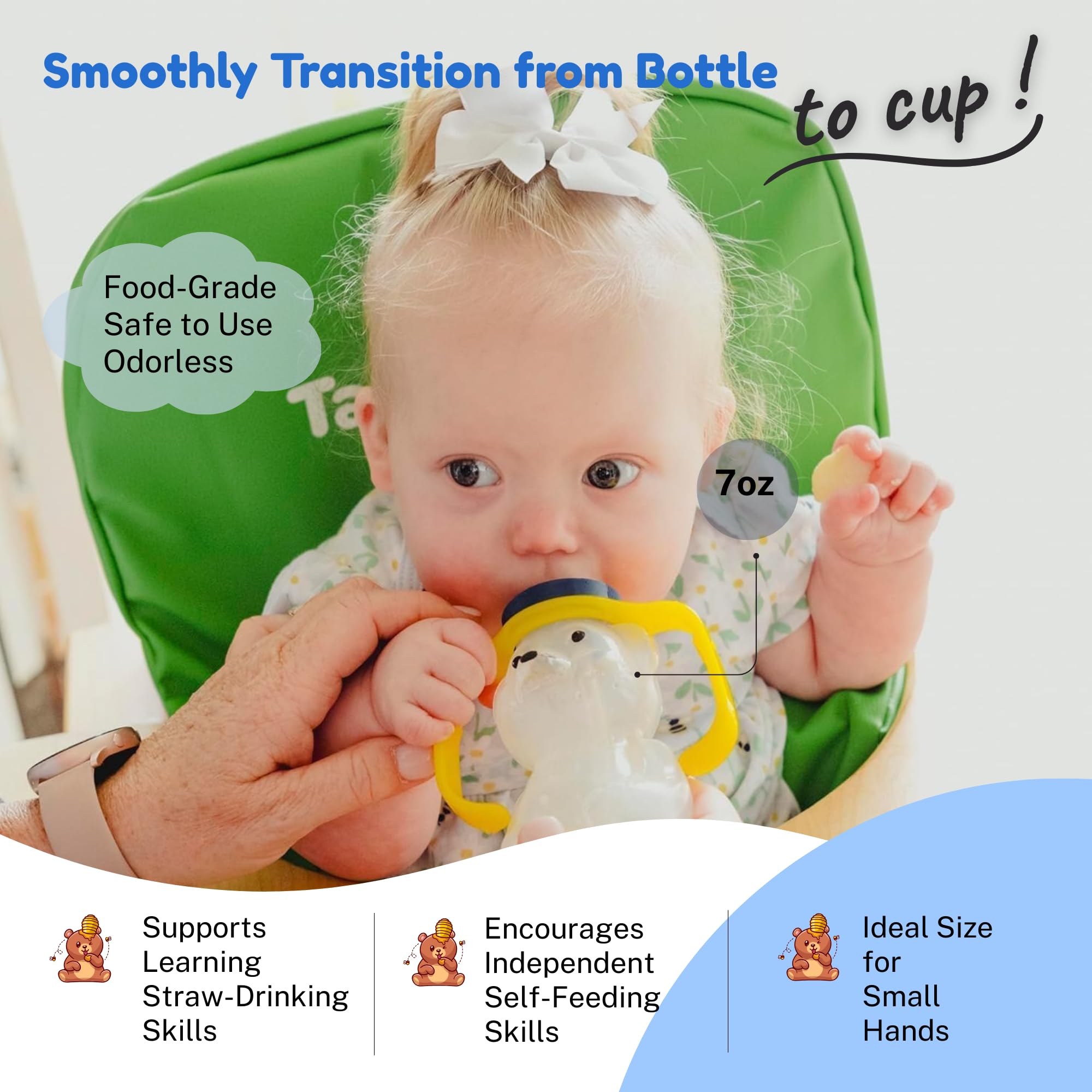 TalkTools Honey Bear straw cup spill-resistant design helps mealtime control
