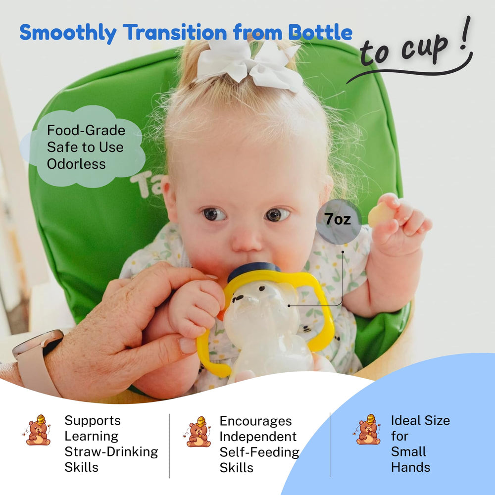 TalkTools Honey Bear straw cup spill-resistant design helps mealtime control