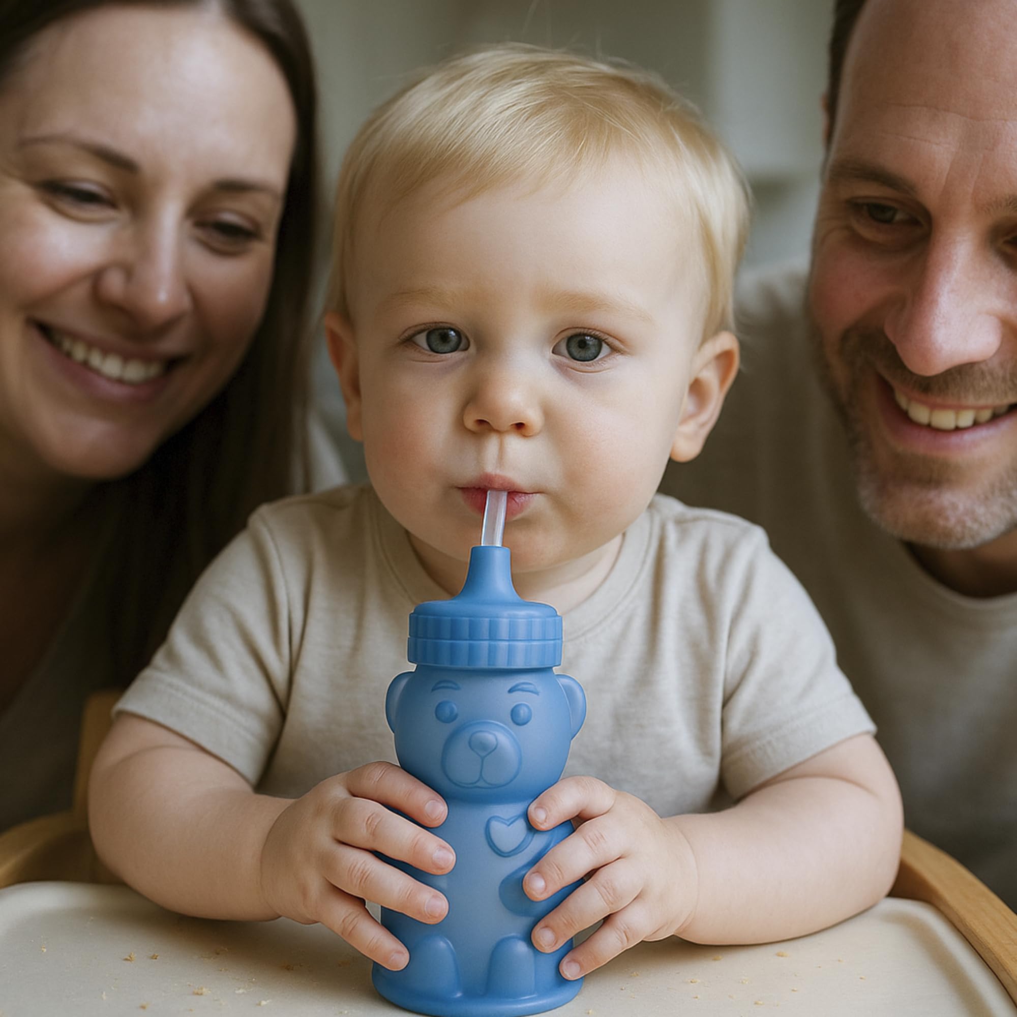 TalkTools Honey Bear cup in use with toddler hands showing durable, splash-minimizing straw training