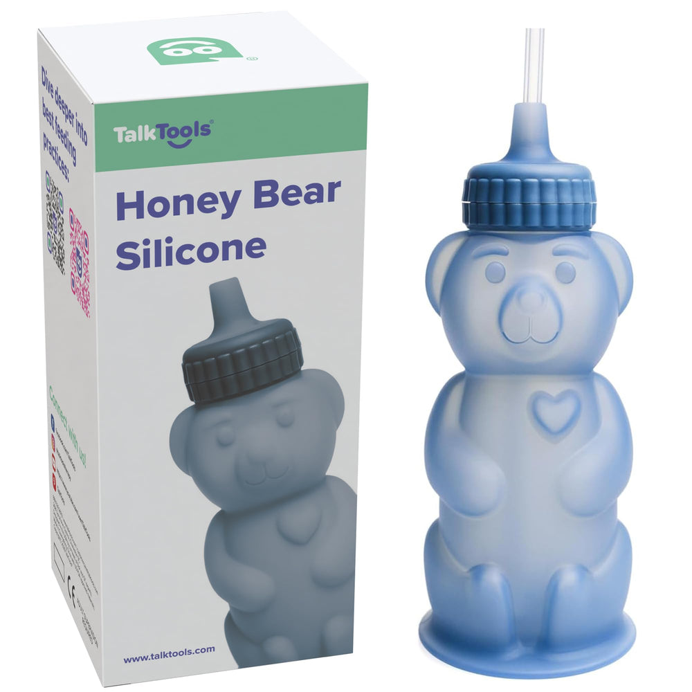 TalkTools Honey Bear silicone straw cup ocean front view shows measurement marks for easy liquid tracking