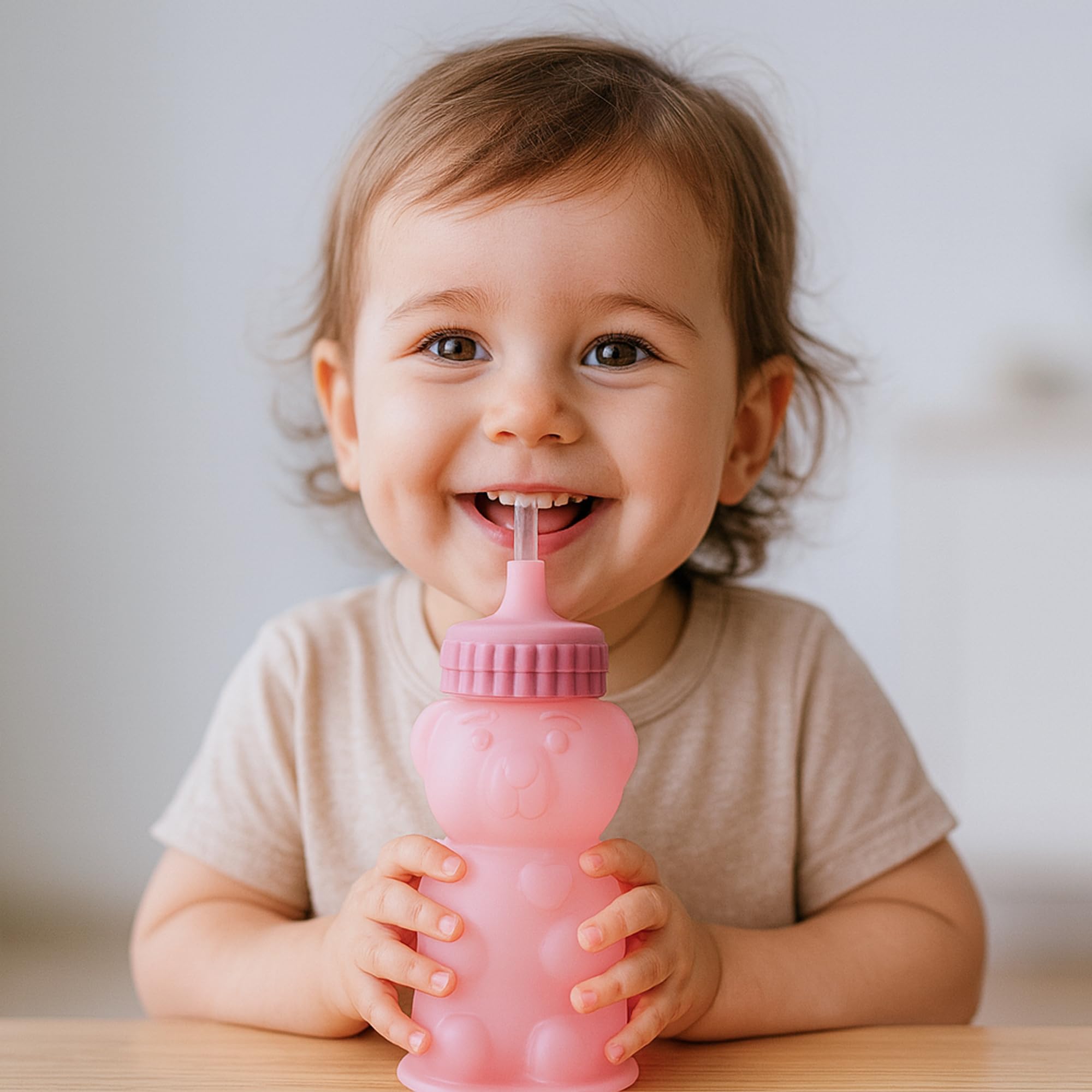 TalkTools Honey Bear straw cup semi-translucent body displays liquid levels during meals