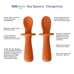 TalkTools ITSY spoons Tangerine anti-slip handle close up for toddler grip.