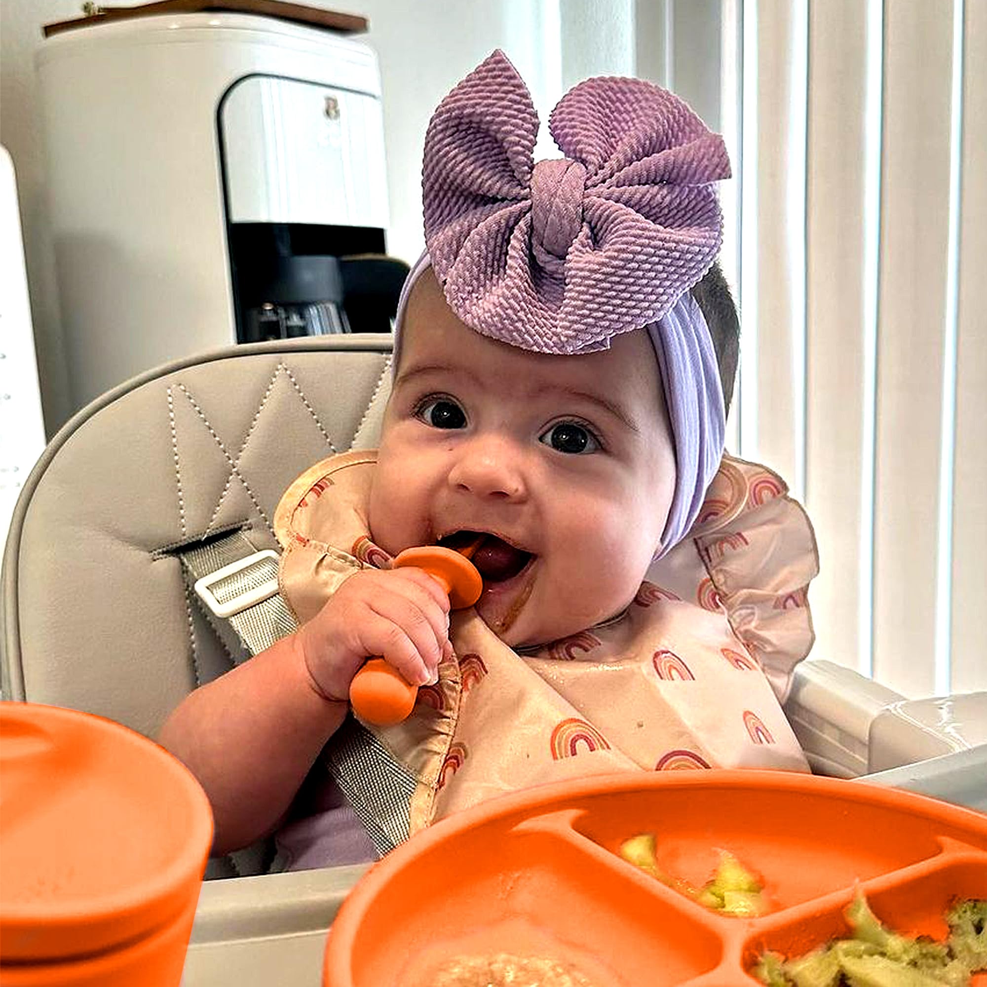 TalkTools ITSY spoons Tangerine first meal setup with soft foods.
