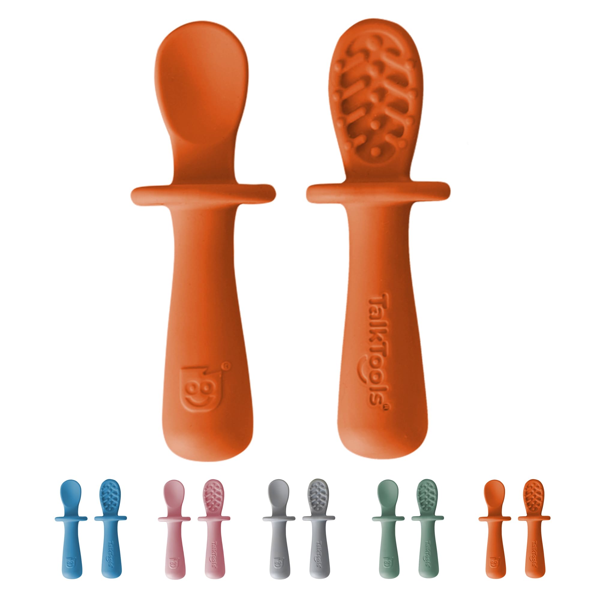 TalkTools ITSY tiny silicone spoons Tangerine twin pack overview for self-feeding practice.