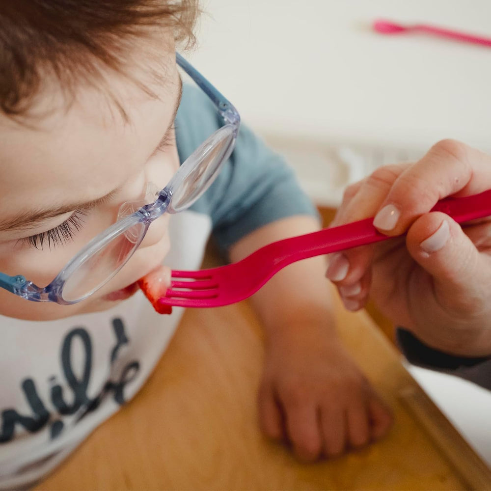 TalkTools Magenta Fork handle enables easy hand-over-hand assistance during meals.