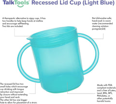 TalkTools recessed lid cup leak-proof cap demonstrates spill-free drinking for parents.