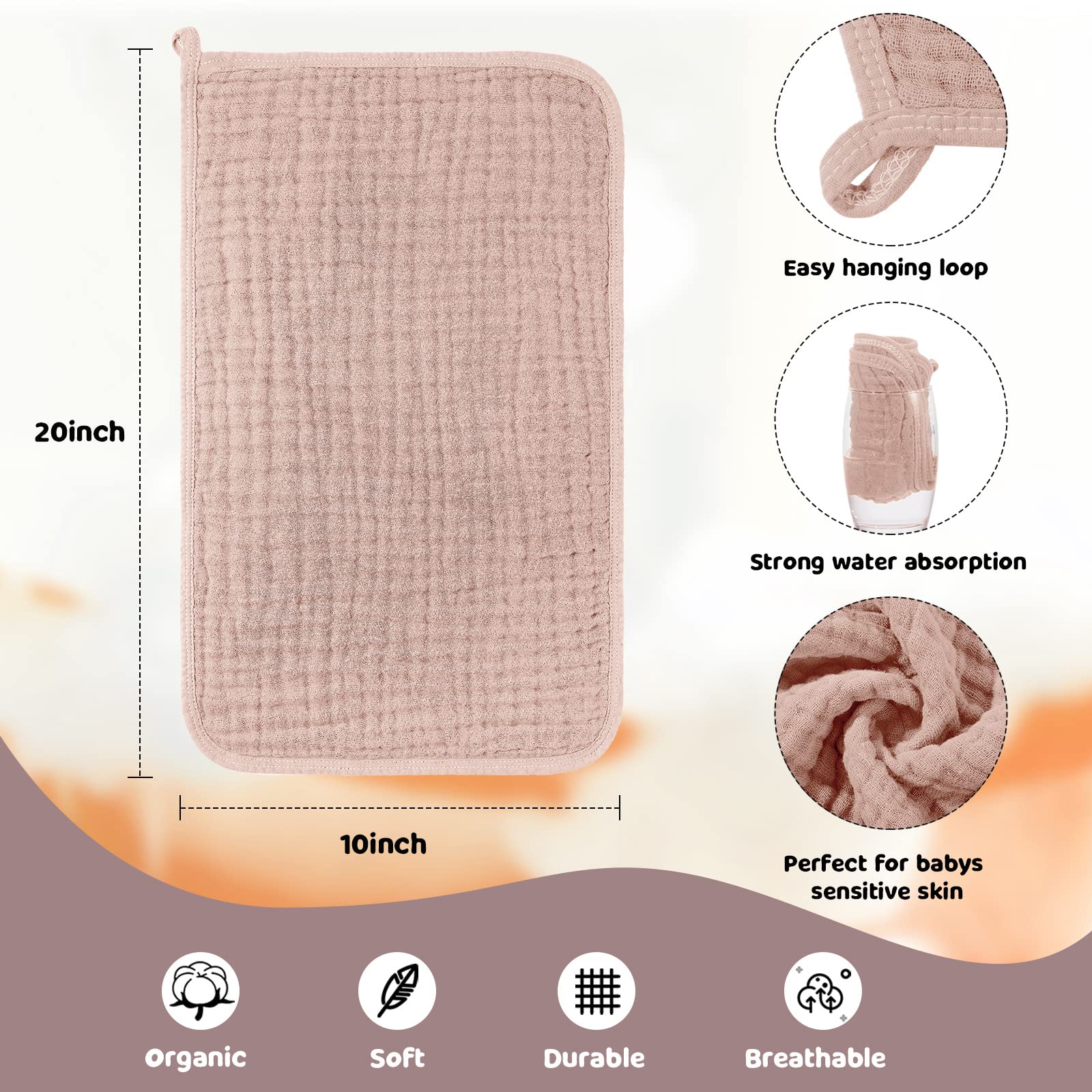 Tallew muslin burp cloths showing 6-layer absorbent design for spills