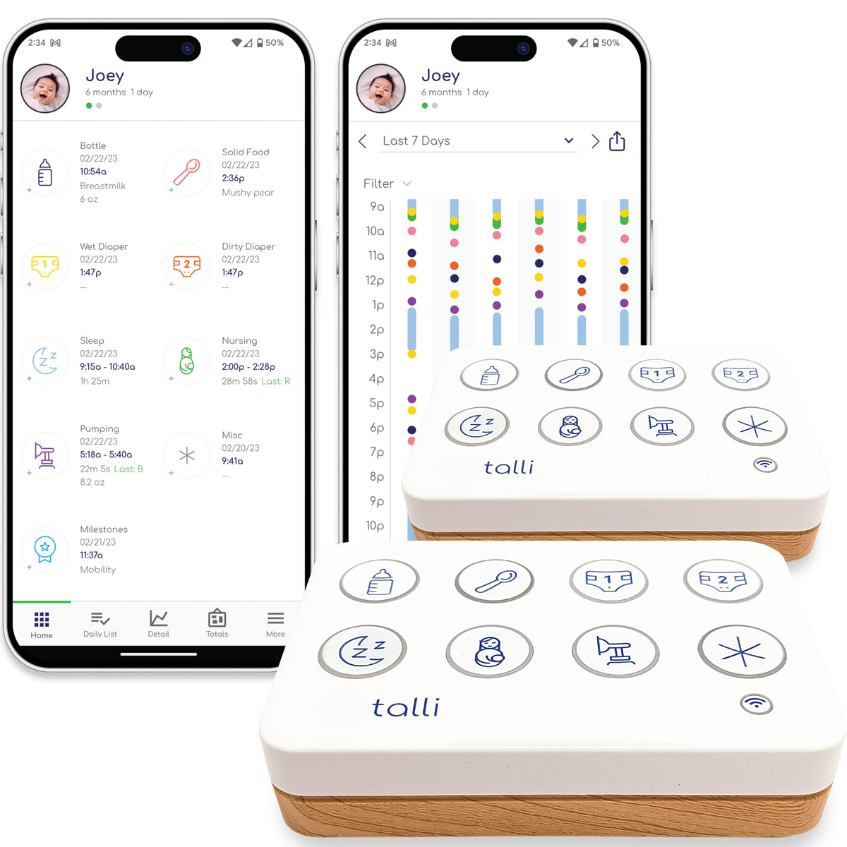 Talli Daily One-Touch Tracker front view shows quick sleep and feeding logging.