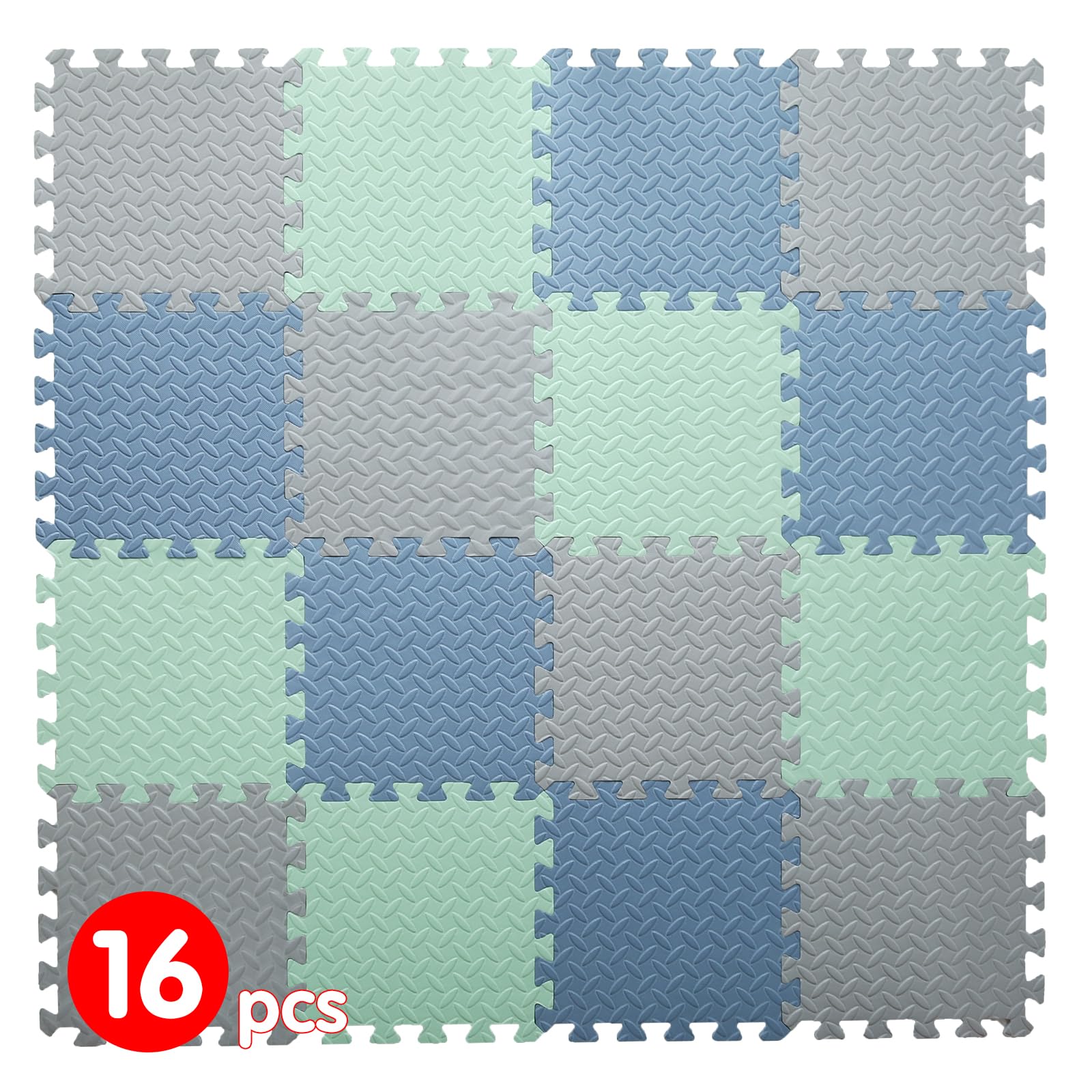 Tamiplay 16-tiles foam play mat laid out to create a safe play area for babies and toddlers.