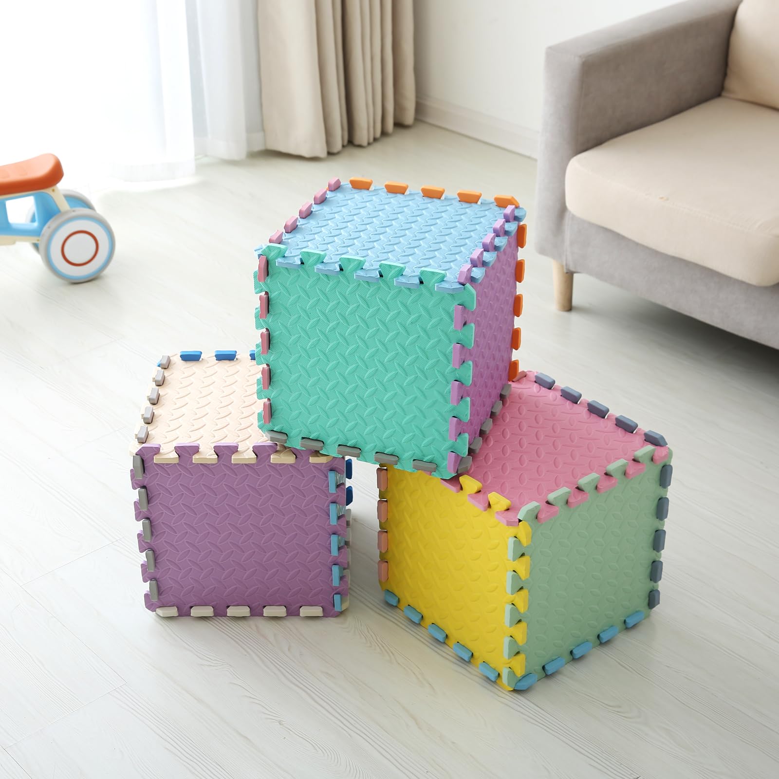 Tamiplay playroom setup with bean green and light blue mats
