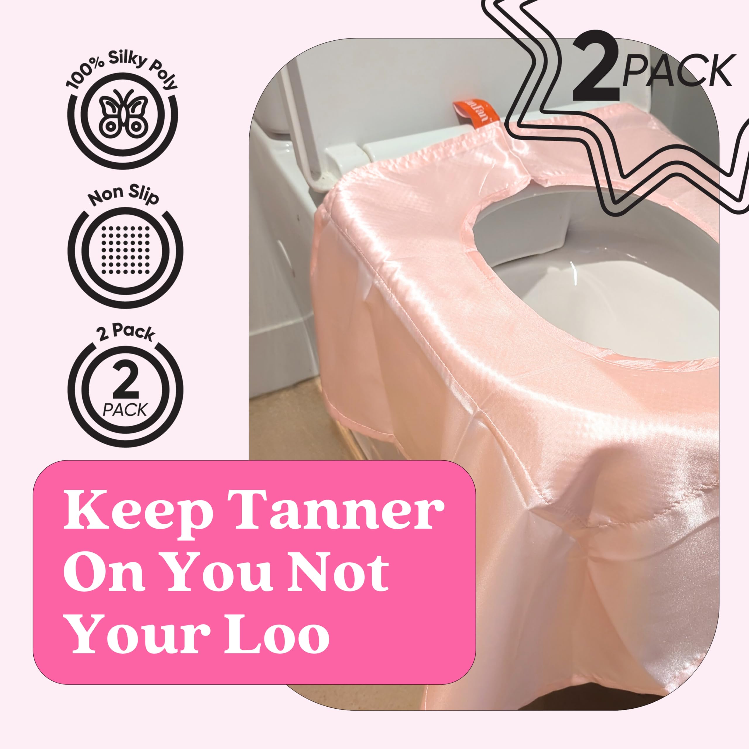 Tan Fan seat cover on toilet pink demonstrates large fit protecting legs and surface.