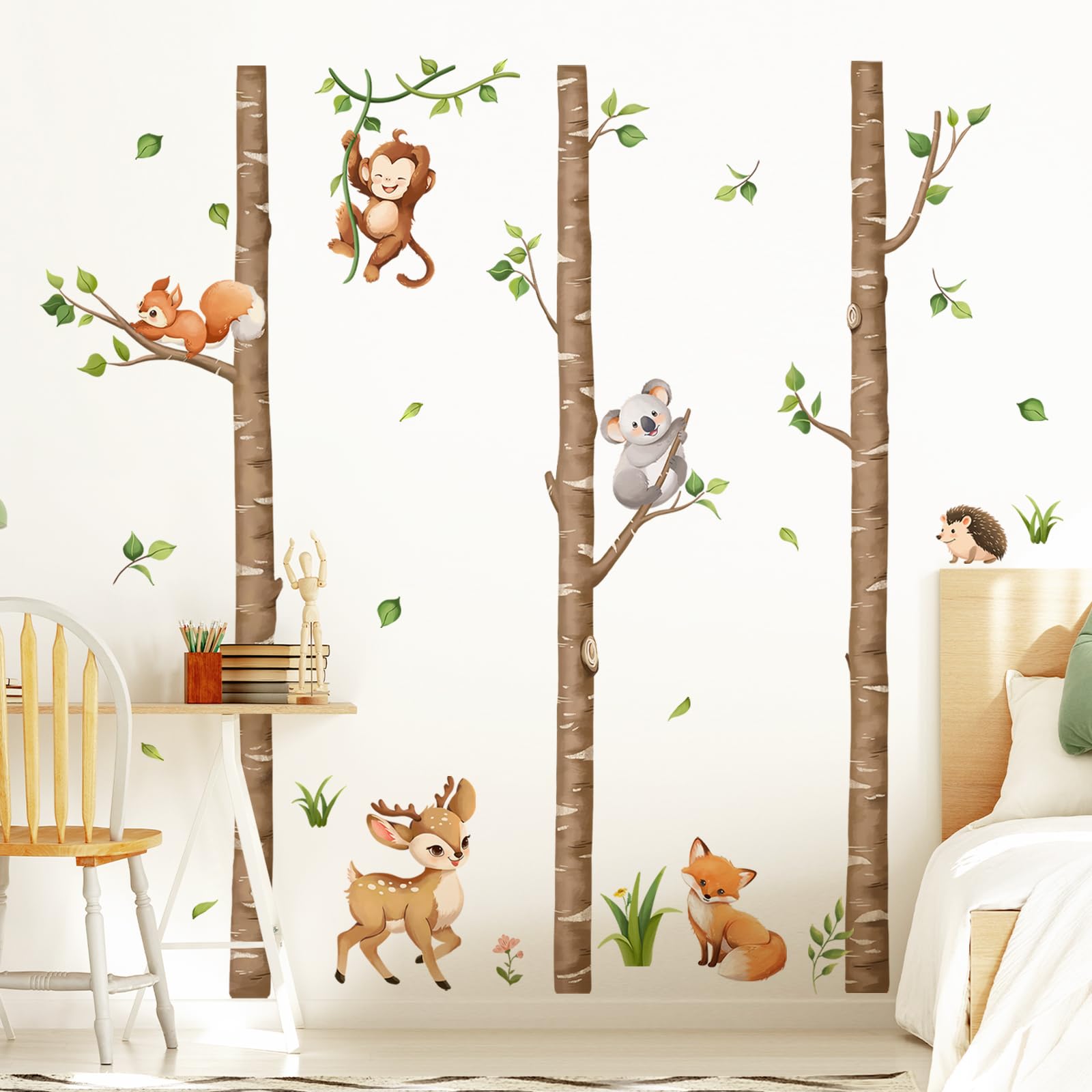 Tanlaby birch-tree-forest wall stickers create a cozy nature backdrop for nurseries.
