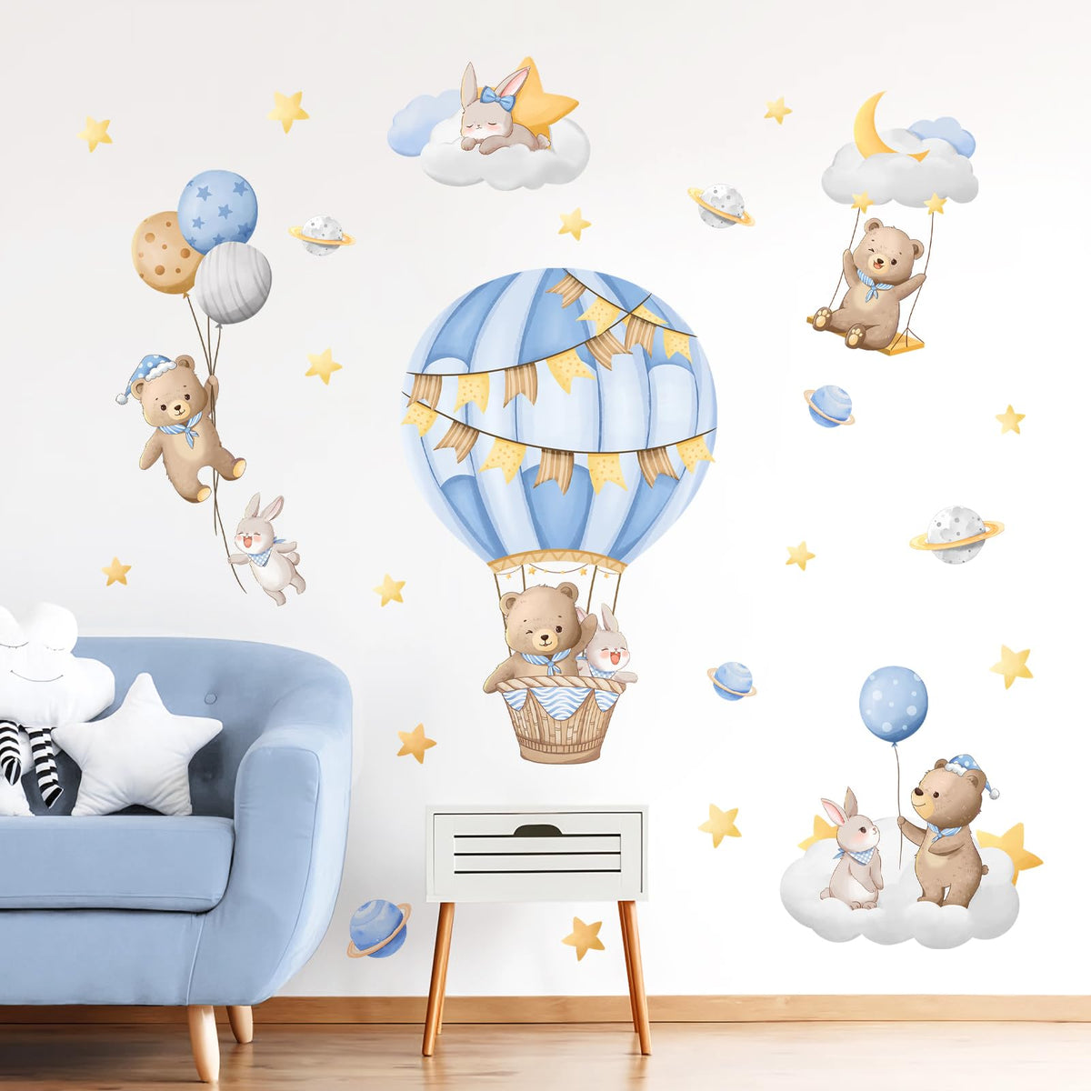 Tanlaby blue hot air balloon wall stickers brighten nurseries with whimsical scenes.