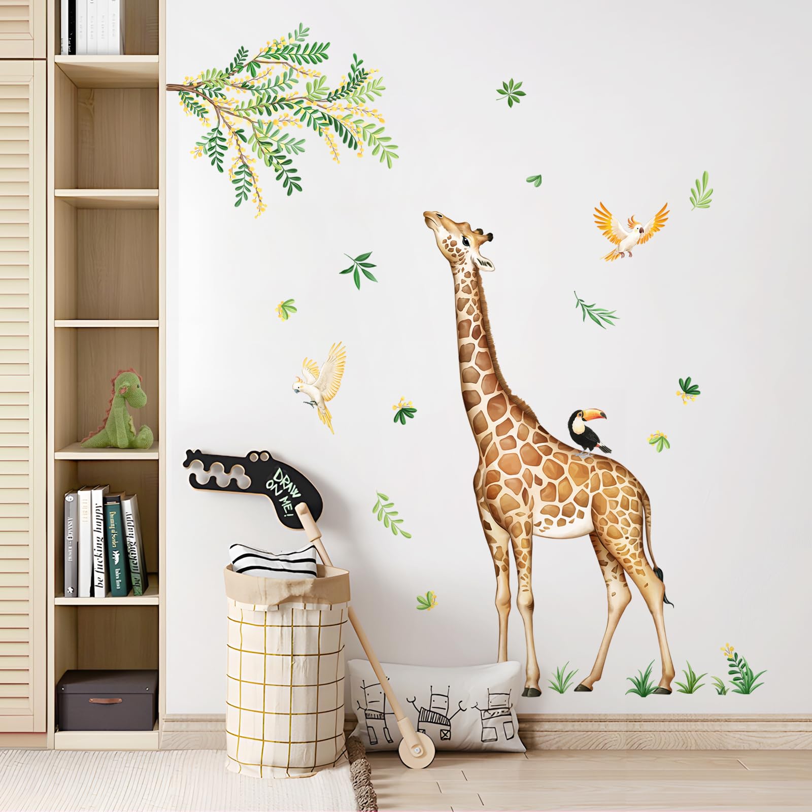 Tanlaby giraffe tilting head detail highlights whimsical realism and focal interest in nurseries.