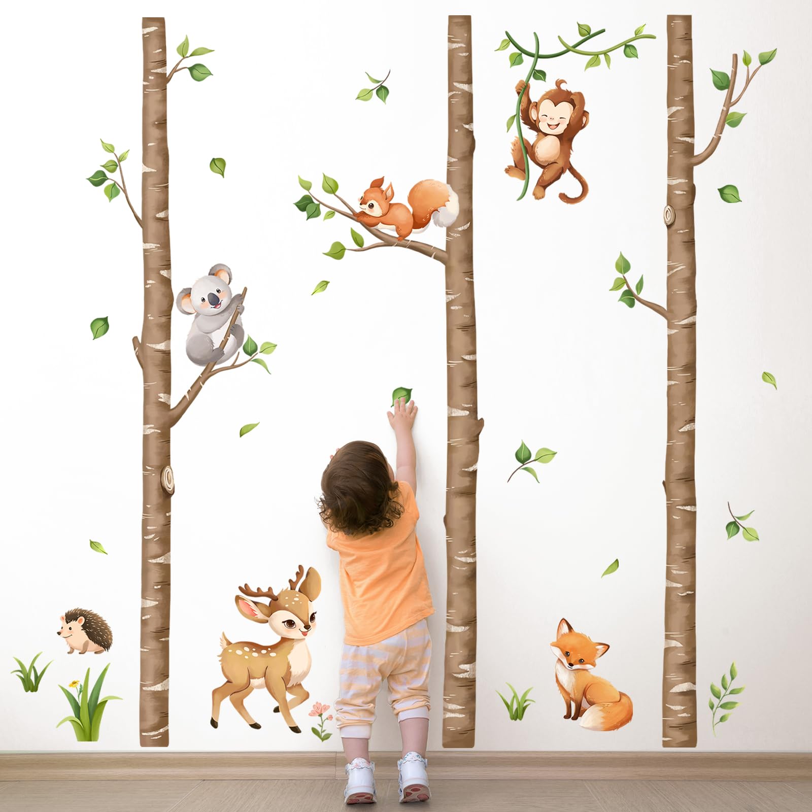 Tanlaby koala-monkey-squirrel-forest wall decal brings imaginative exploration to playrooms.