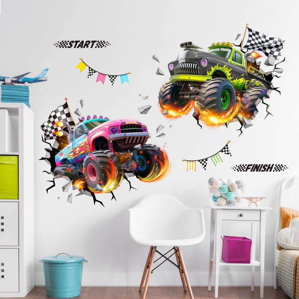 Tanlaby monster-truck wall sticker on smooth surface for nursery decor.