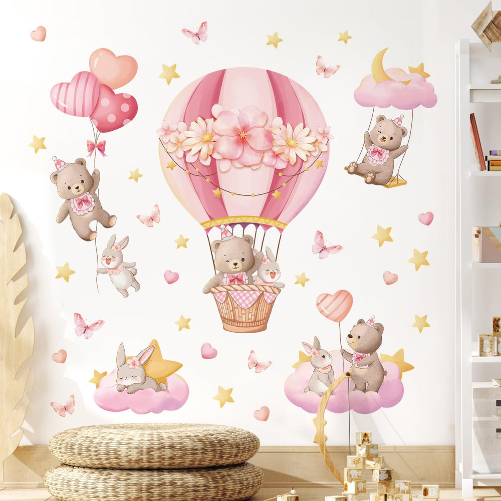 Tanlaby pink hot air balloon wall sticker adds dreamy nursery ambience.