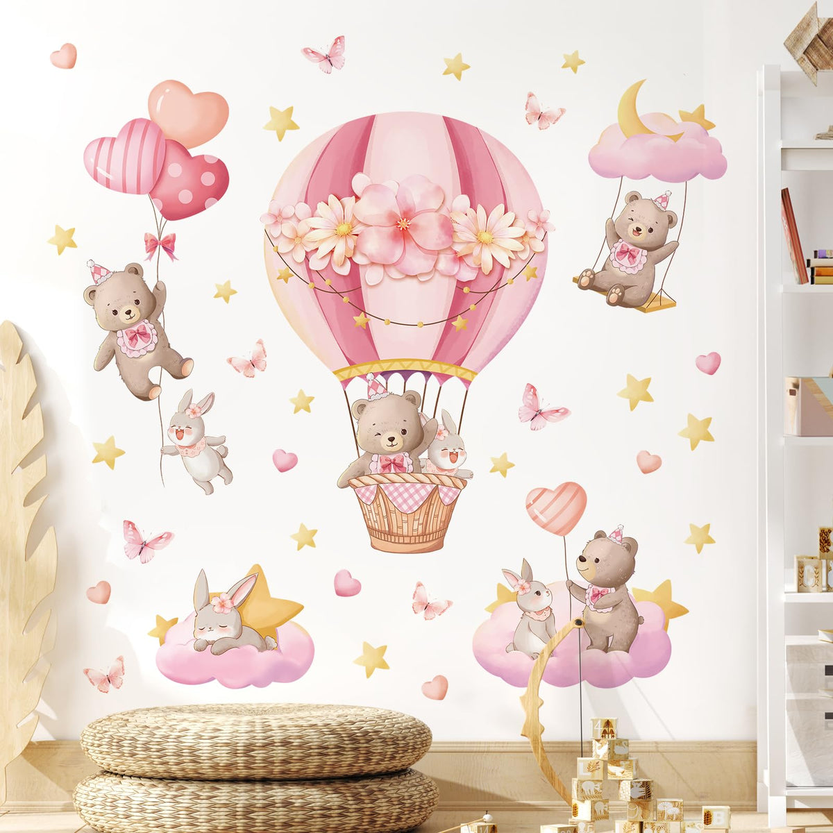 Tanlaby pink hot air balloon wall sticker adds dreamy nursery ambience.