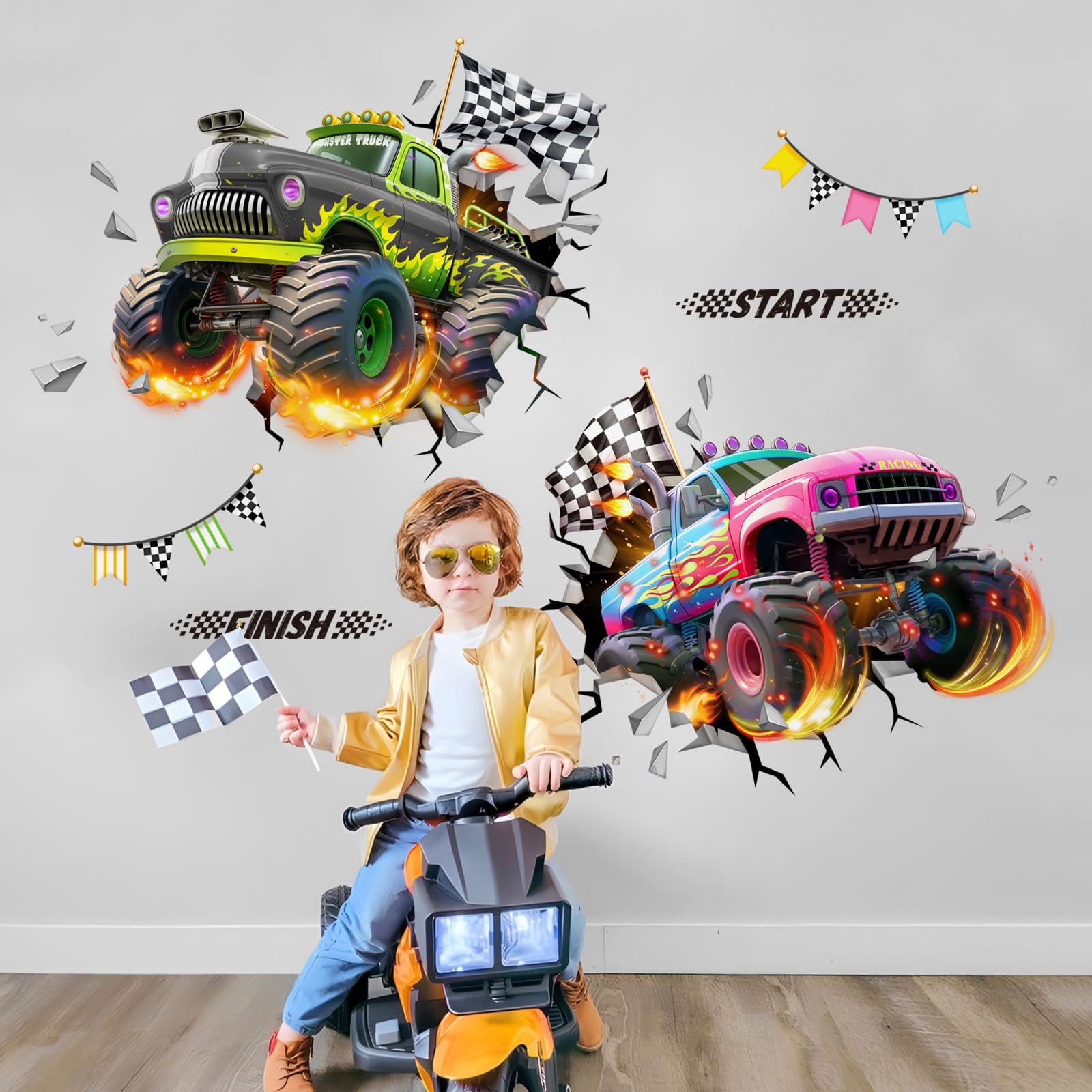 Tanlaby racing car wall decal with 3D effect energizes a child's bedroom.