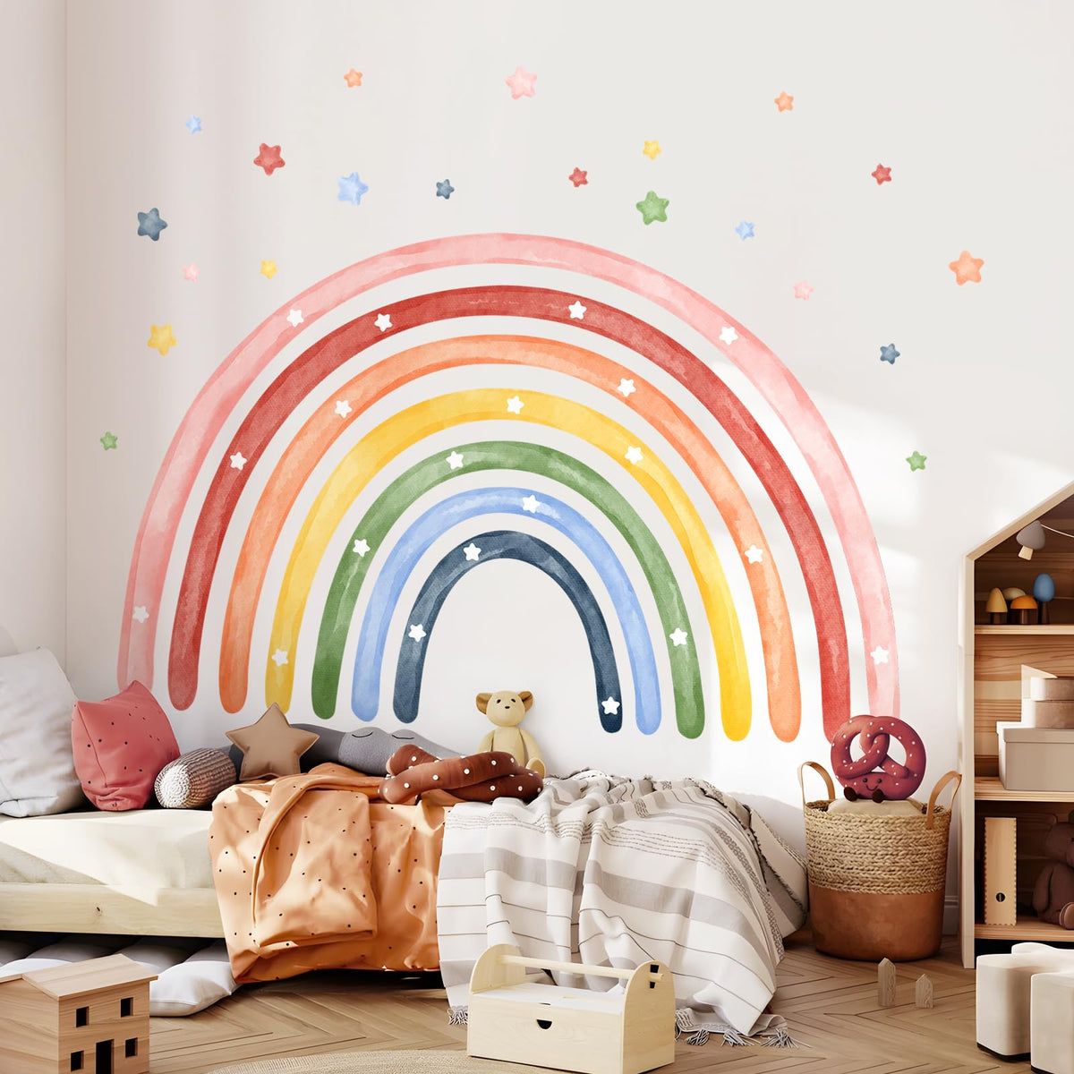 Tanlaby rainbow wall stickers 6 sheets create a vibrant nursery backdrop for playtime.