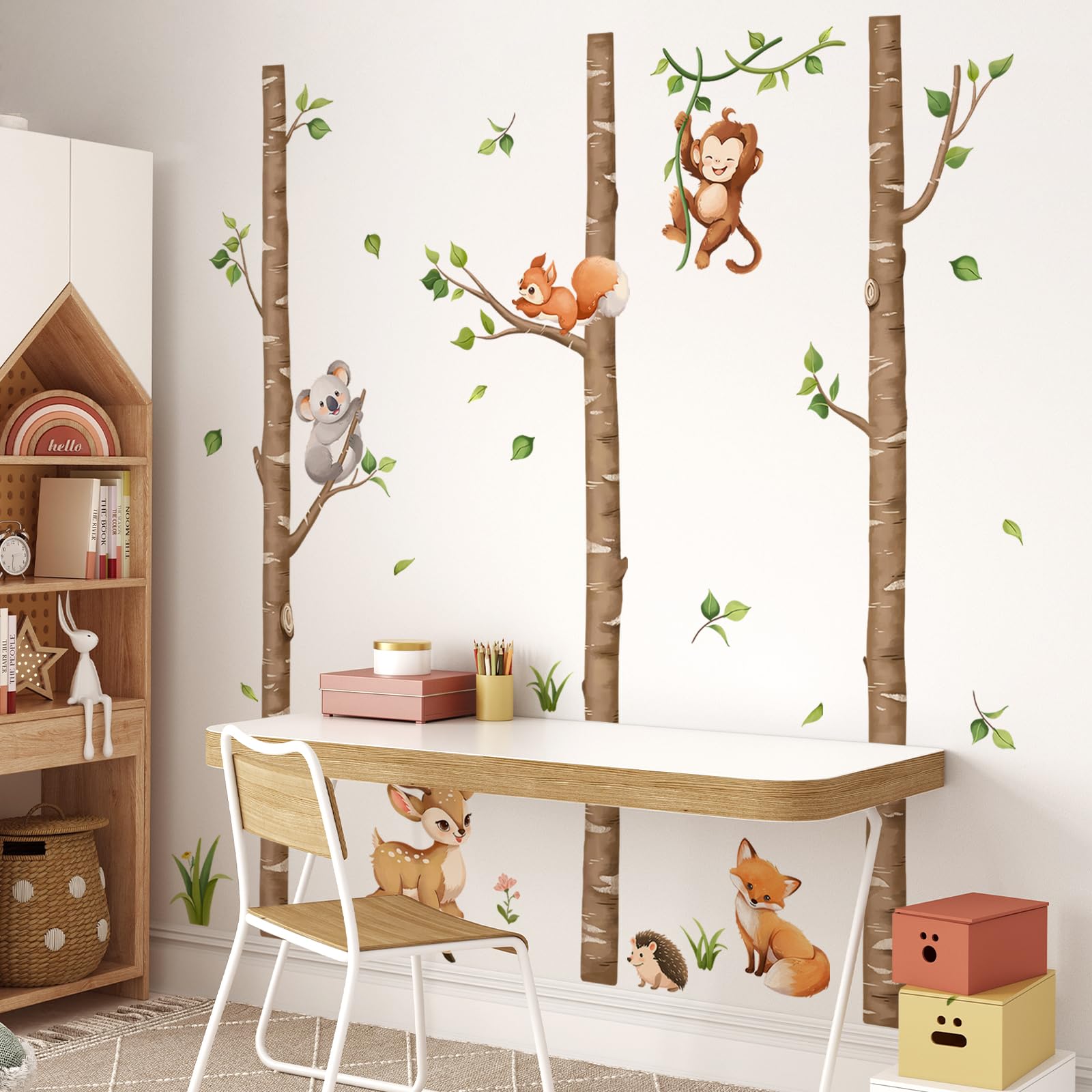 Tanlaby woodland-animals-deer-fox-monkey wall-sticker adds playful woodland charm to kids' rooms.