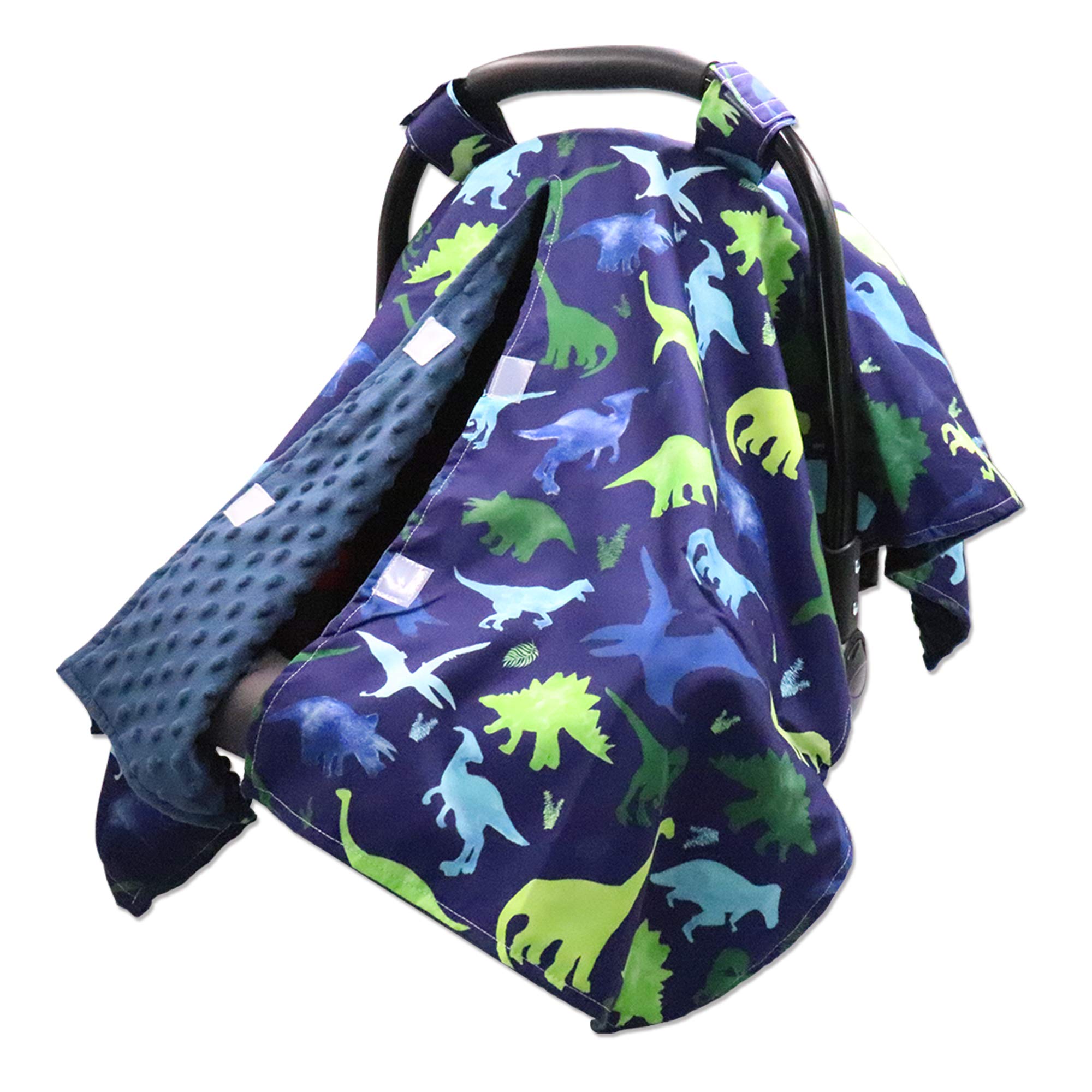 TANOFAR car seat cover in winter blue dinosaur offering cozy protection during winter outings