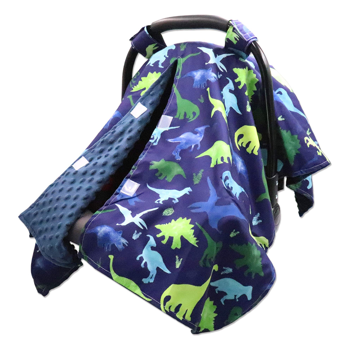 TANOFAR car seat cover in winter blue dinosaur offering cozy protection during winter outings