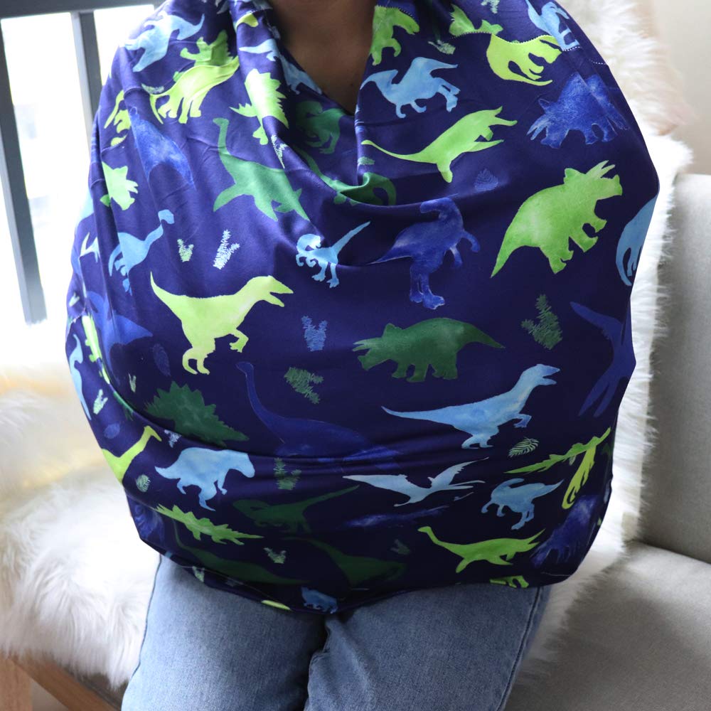 Tanofar dinosaur-pattern swaddle compatibility shown with matching cover.