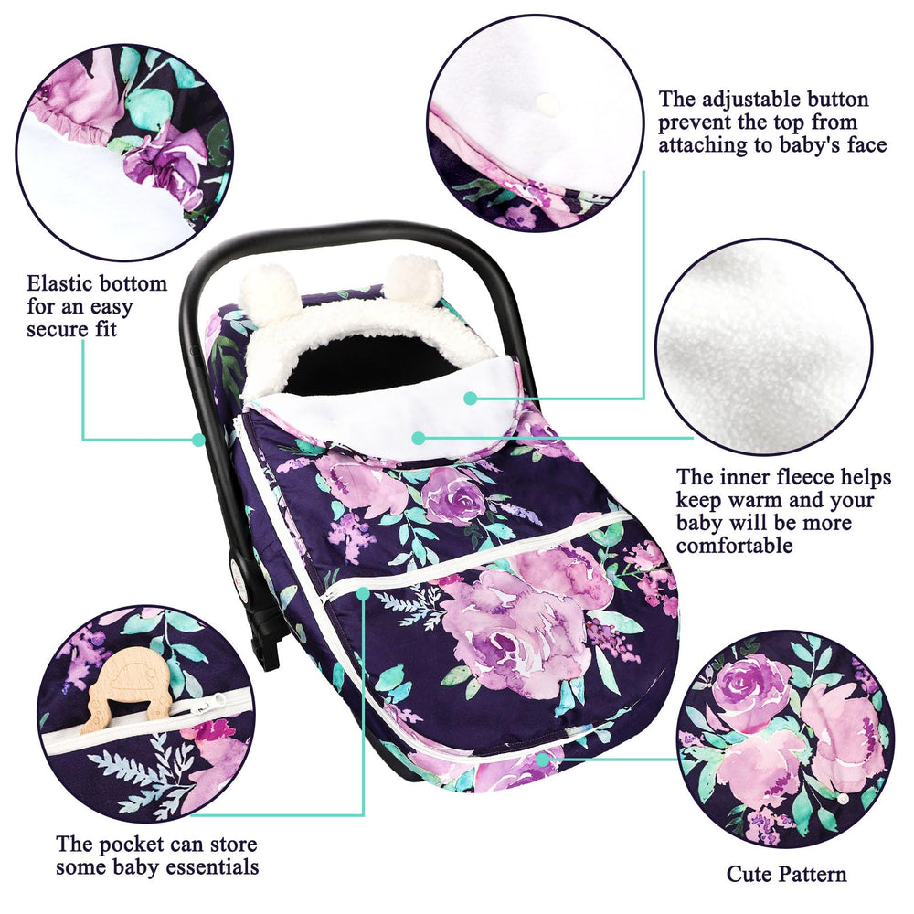 Tanofar infant car seat canopy demonstrates cozy protection for chilly outings.