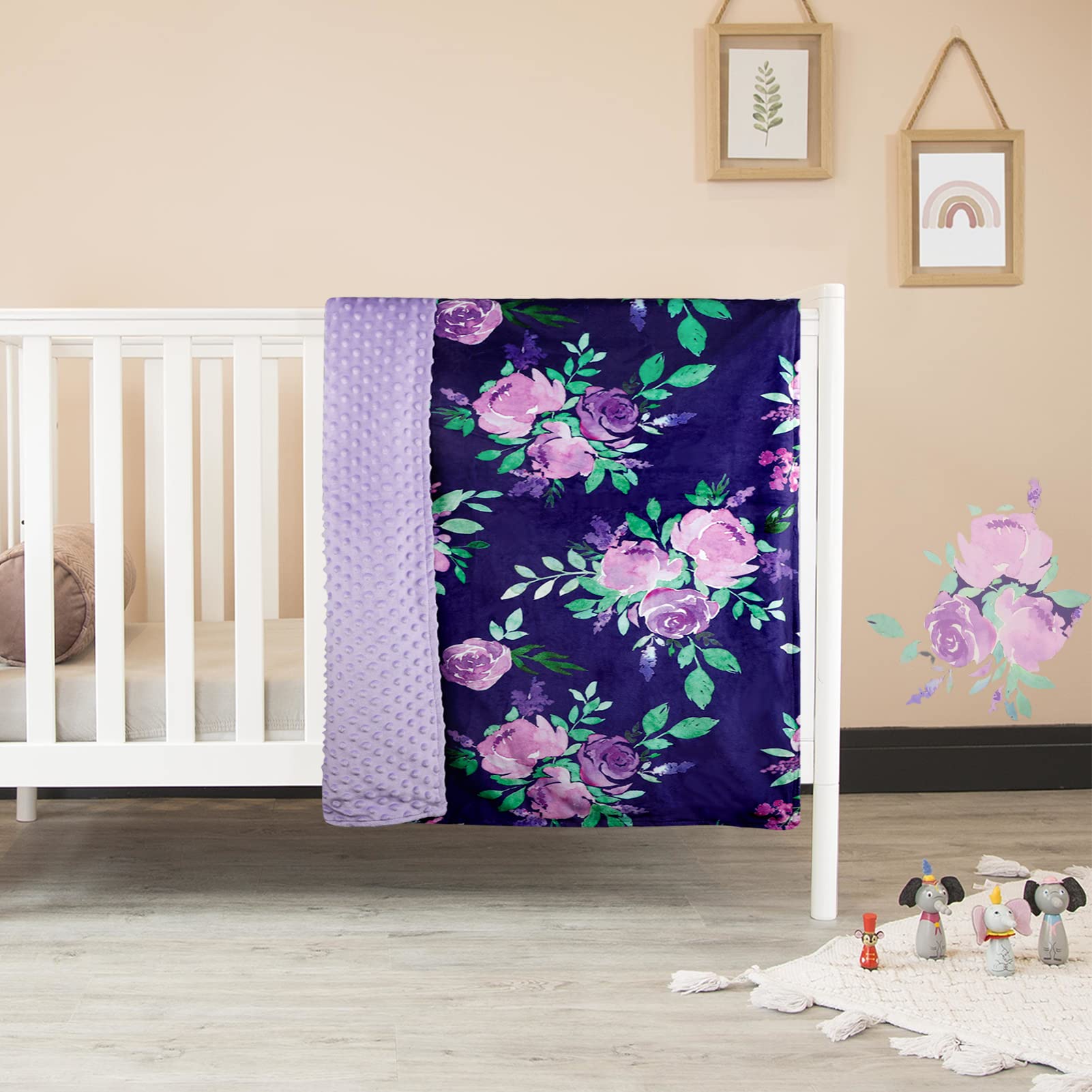 TANOFAR Minky Baby Blanket with purple florals complements nursery decor