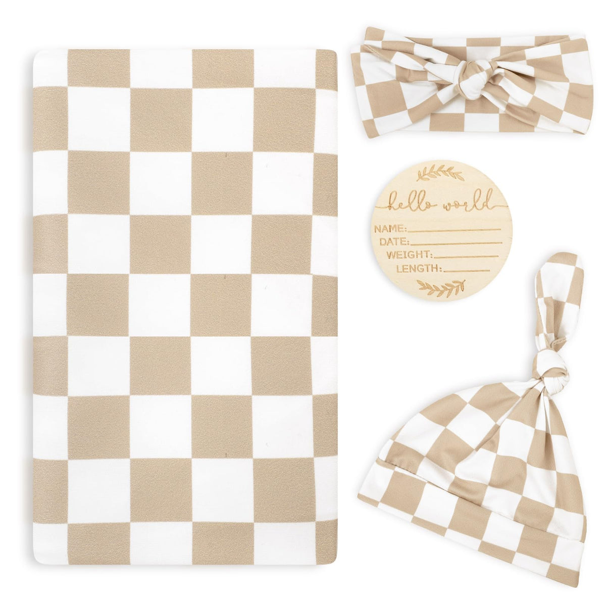 TANOFAR newborn swaddle blanket light brown checkerboard in use for cozy wrapping.
