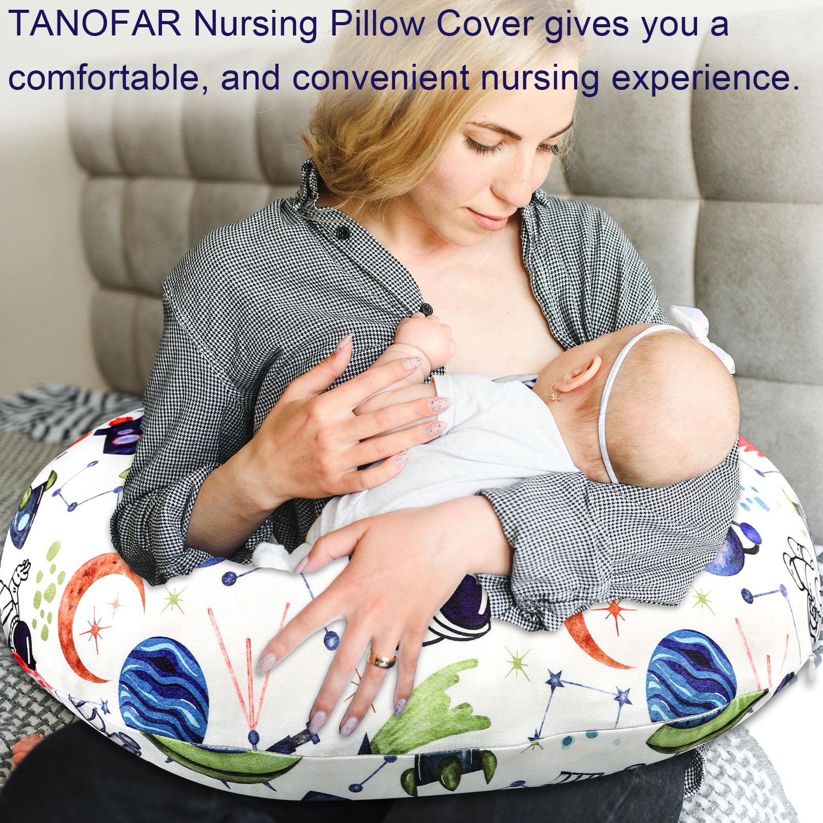 TANOFAR nursing pillow cover Space Shuttle fabric close-up shows ultra-soft microfiber texture for baby comfort.