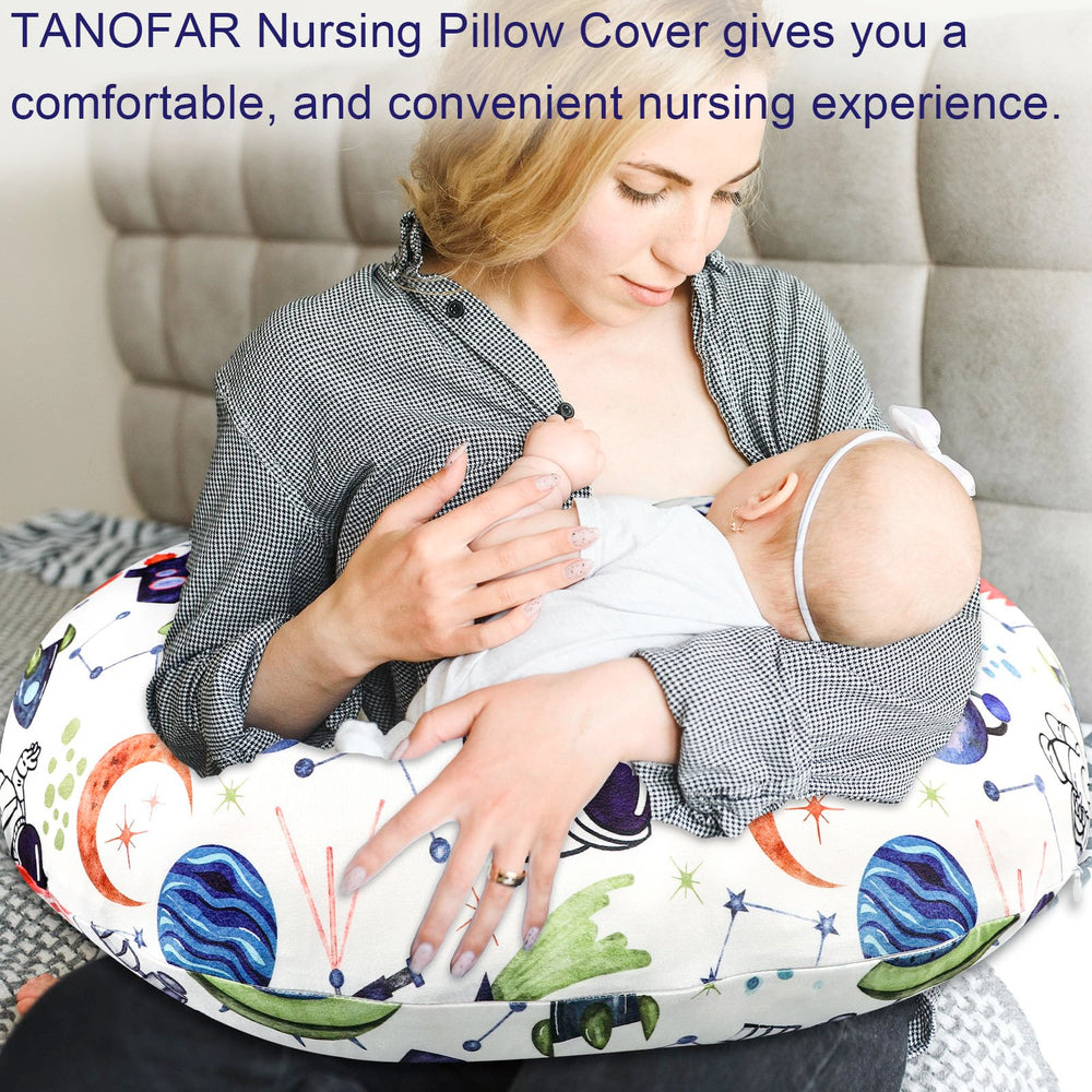 TANOFAR nursing pillow cover Space Shuttle fabric close-up shows ultra-soft microfiber texture for baby comfort.
