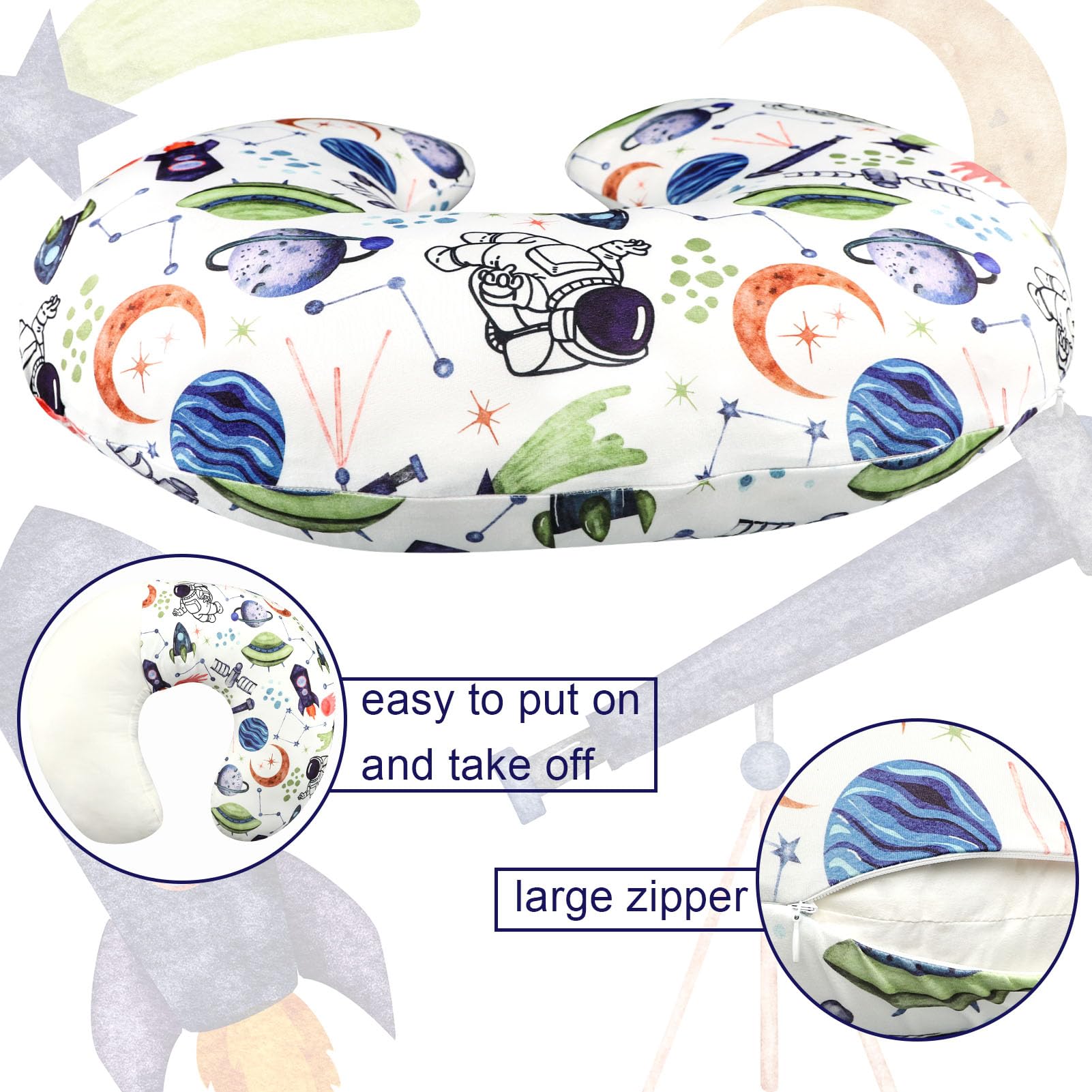TANOFAR nursing pillow cover Space Shuttle shown in a nursery setup for comfortable feeding.