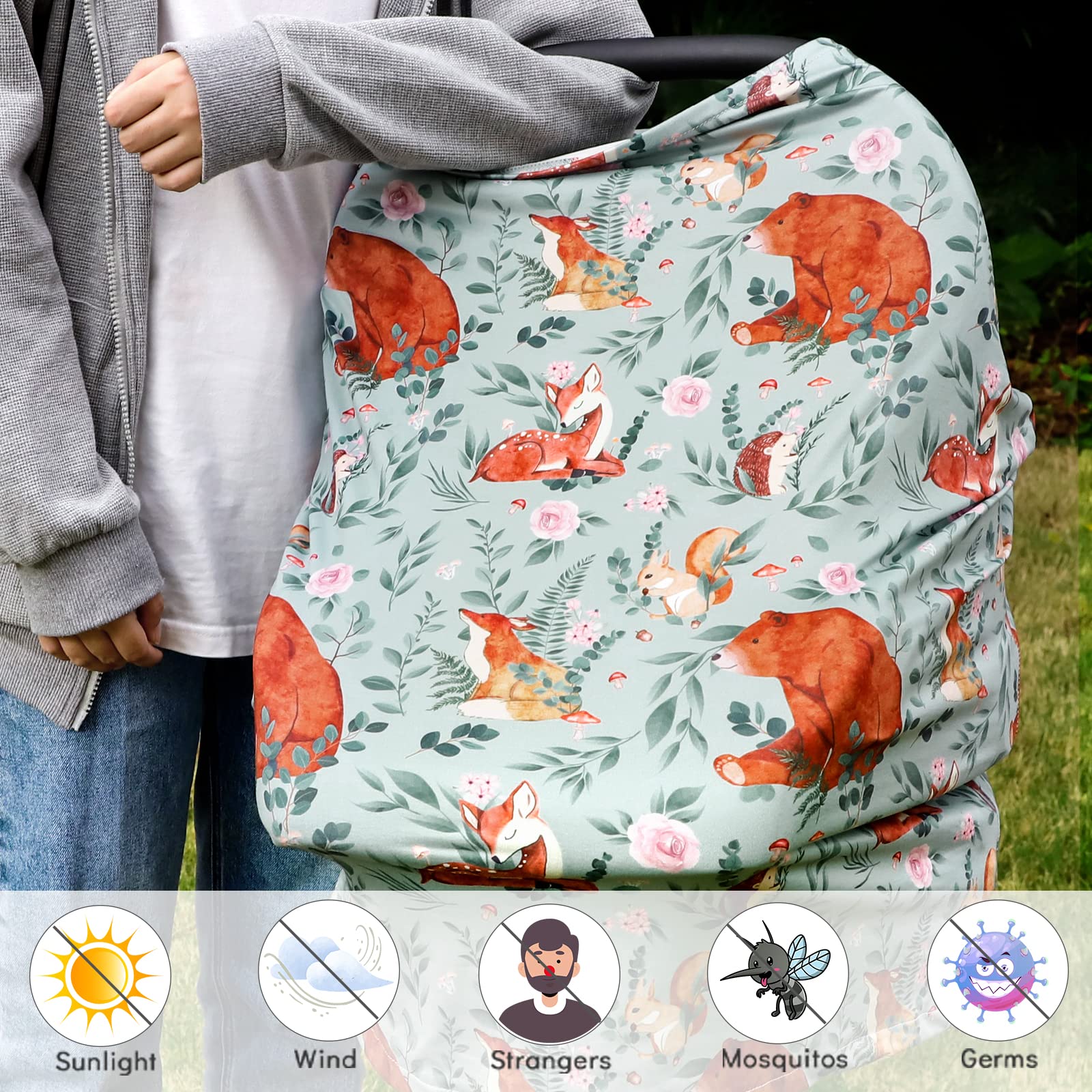 Tanofar stroller cover using stretchy fabric keeps baby shaded on walks.