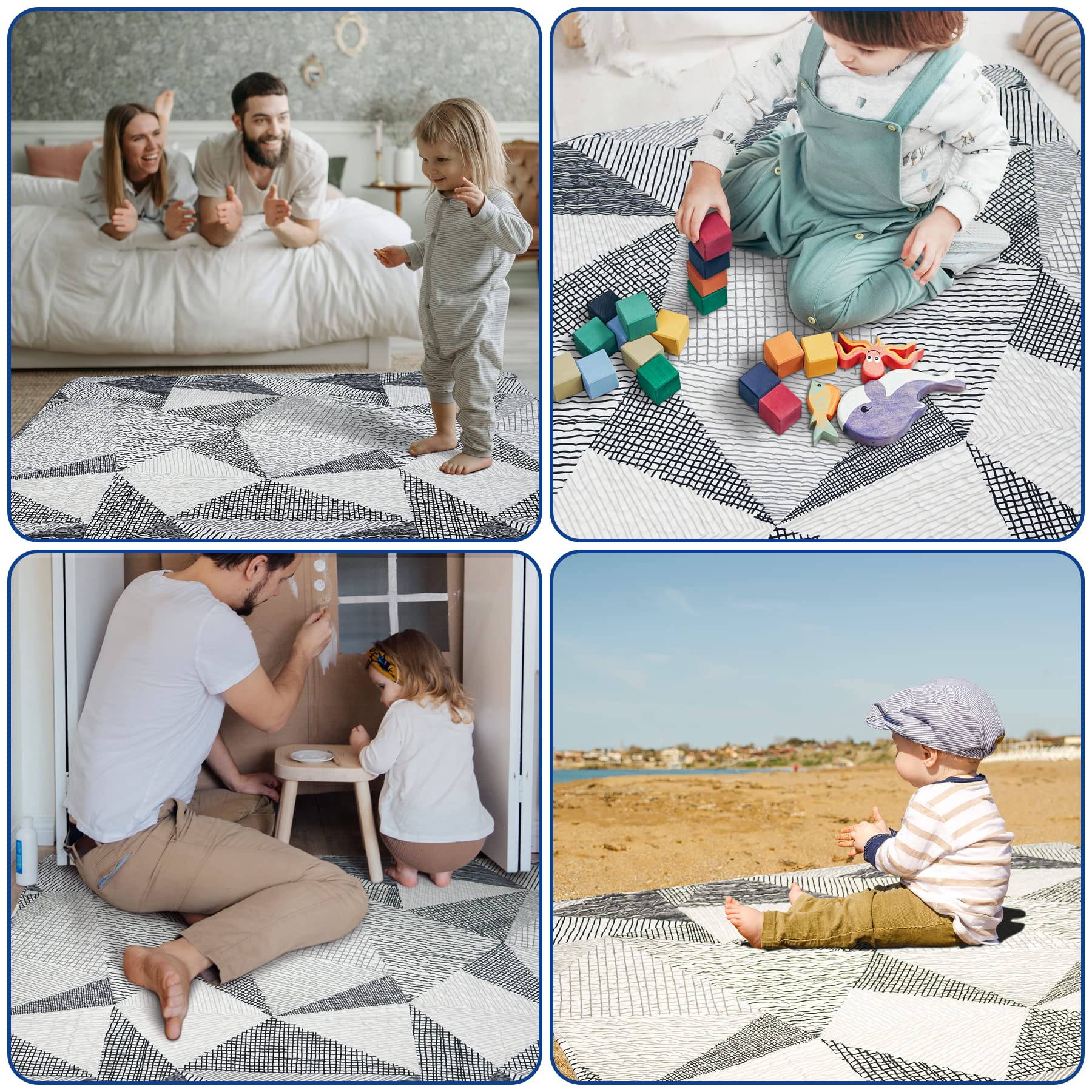Baby crawling on TANOSHII mat shows generous space.
