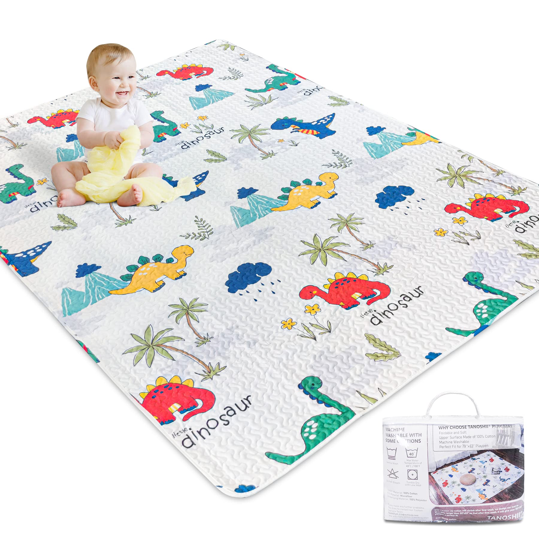 Tanoshii Baby Play Mat overview showing 79x63 compatibility and soft surface