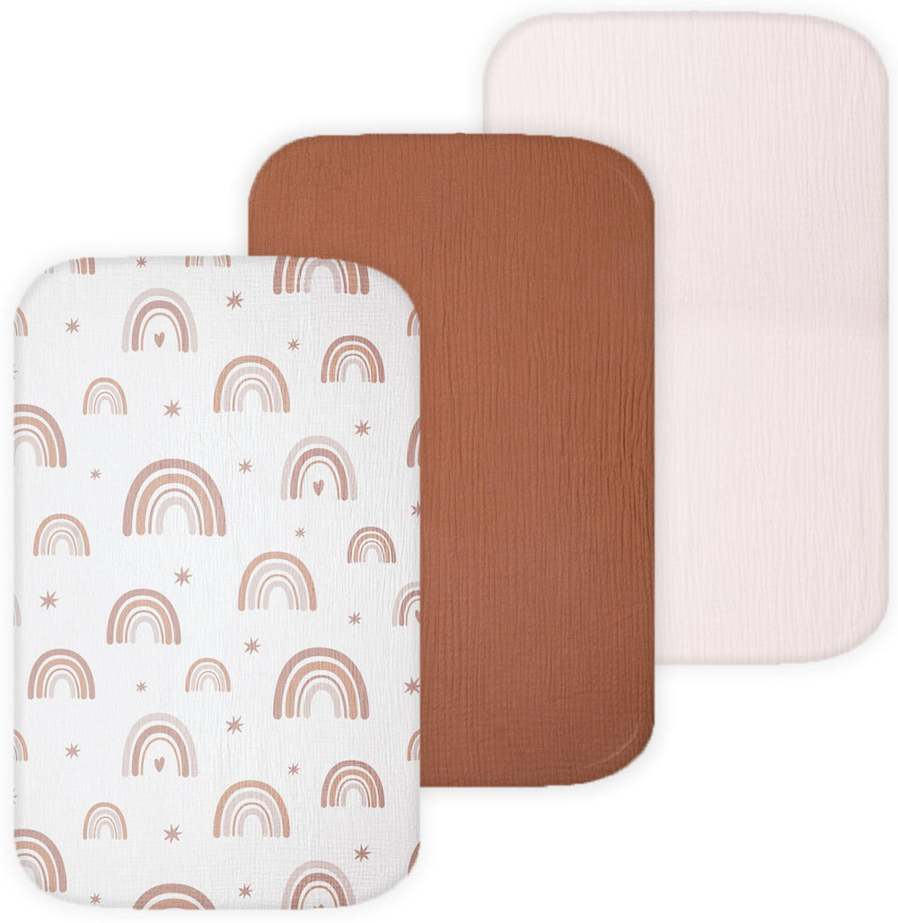 Tansy Panda bassinet sheet 3-pack in soft muslin for newborn comfort.