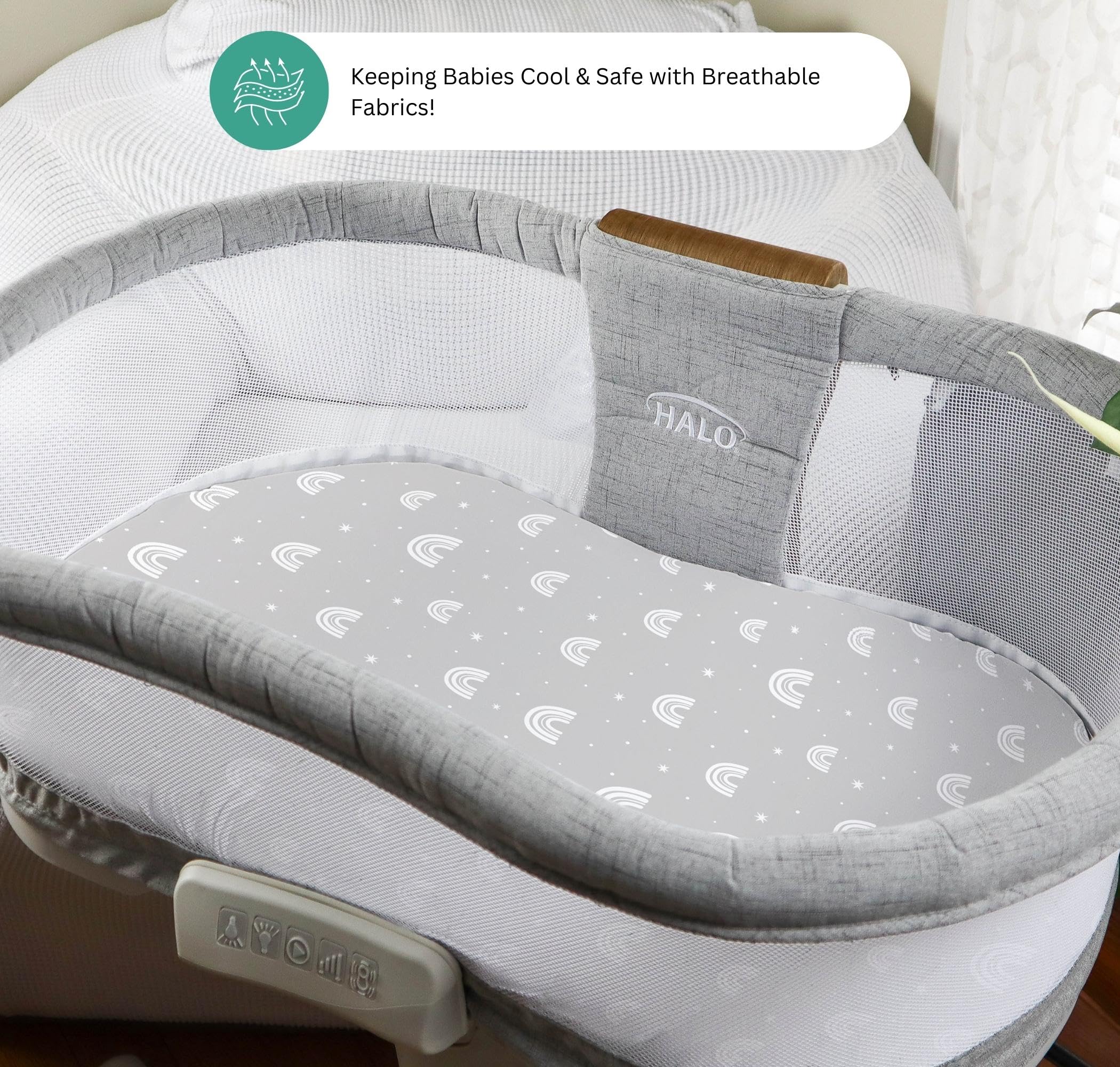 Tansy Panda Halo Bassinet Sheets in gray-white Woodland Rainbow complement nursery decor.