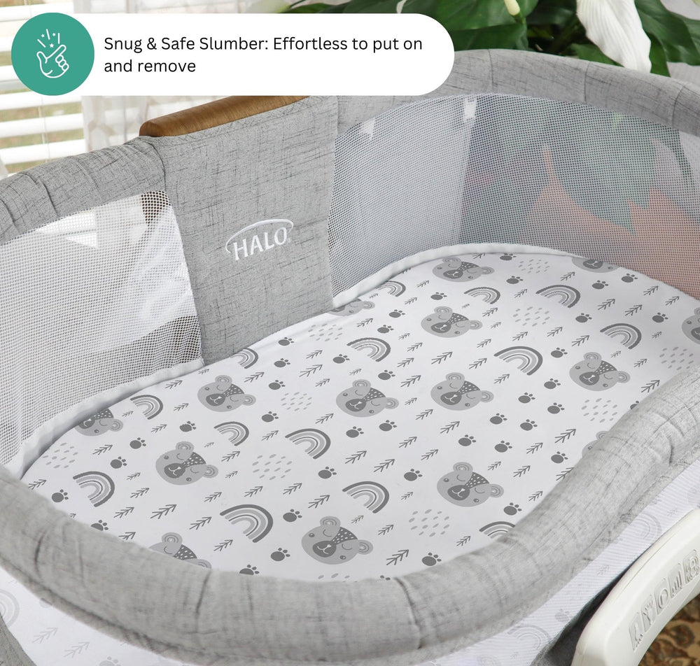 Tansy Panda Halo Bassinet Sheets are machine washable and quick-drying for easy care.