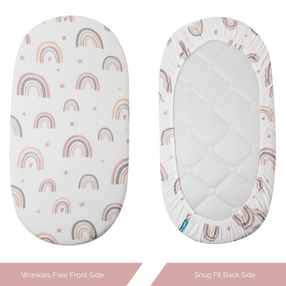 Tansy Panda pink bassinet sheet on bedside sleeper supports cozy night routine.