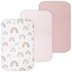 Tansy Panda pink 3pc muslin bassinet sheet set provides cozy, breathable sleep.