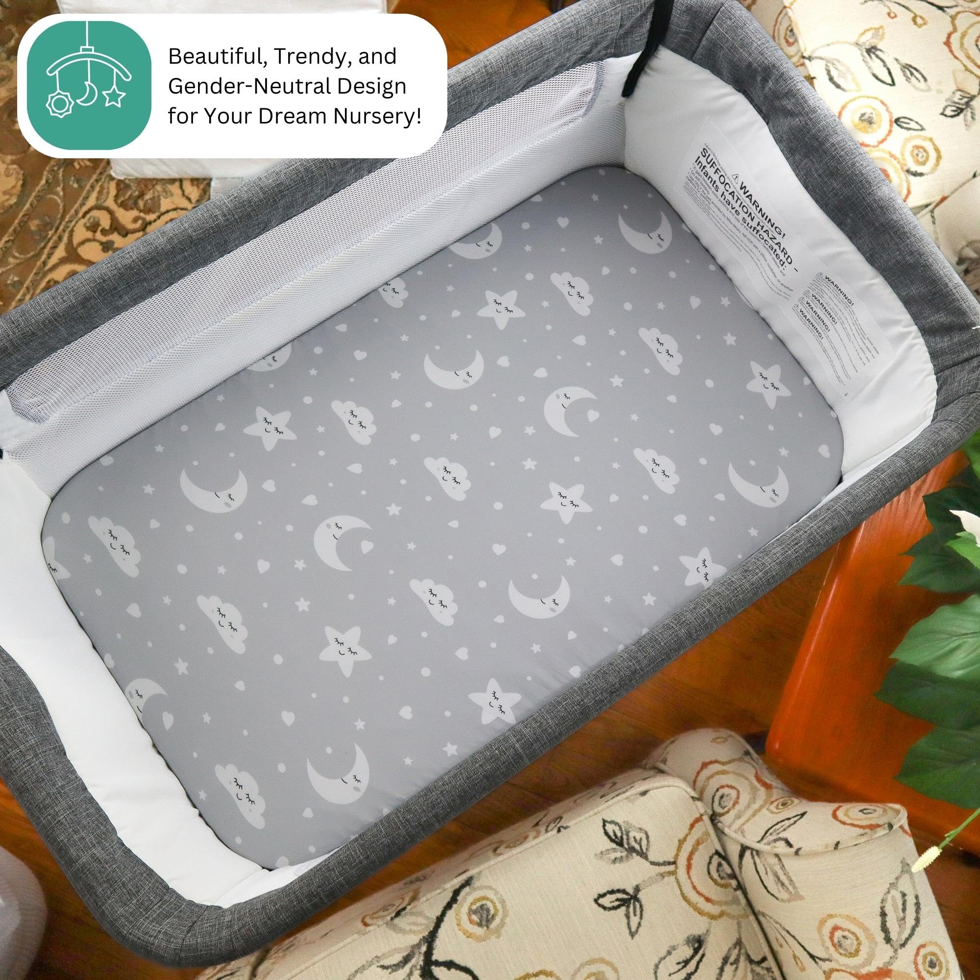 TansyPanda bassinet sheets folded closeup showing soft breathable fabric for baby comfort
