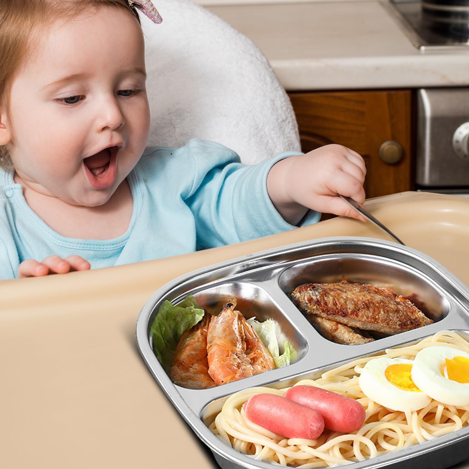 TAOceeXI dishwasher-safe kids plate stacked neatly in kitchen cupboard