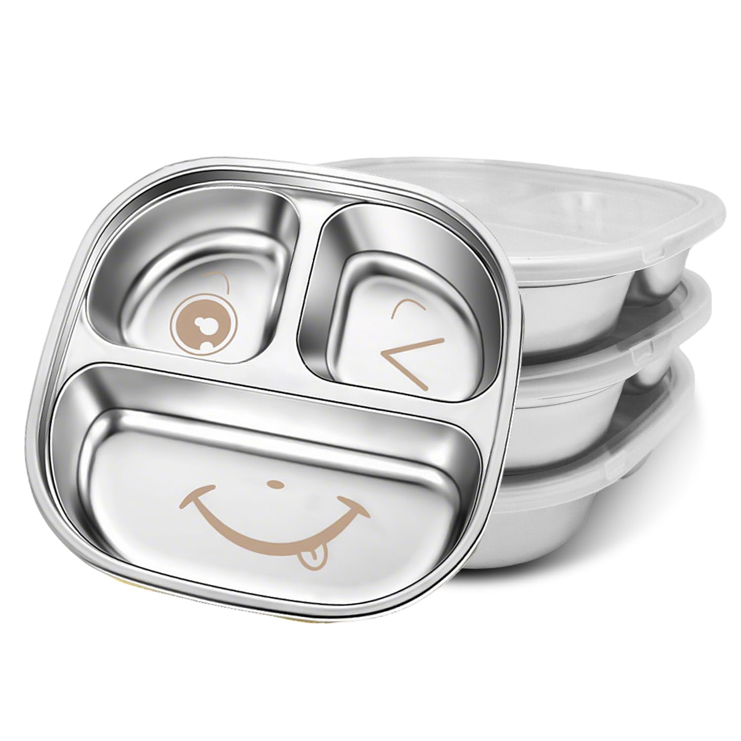 TAOceeXI stainless steel kids plate with lid 3-pack on table for on-the-go meals